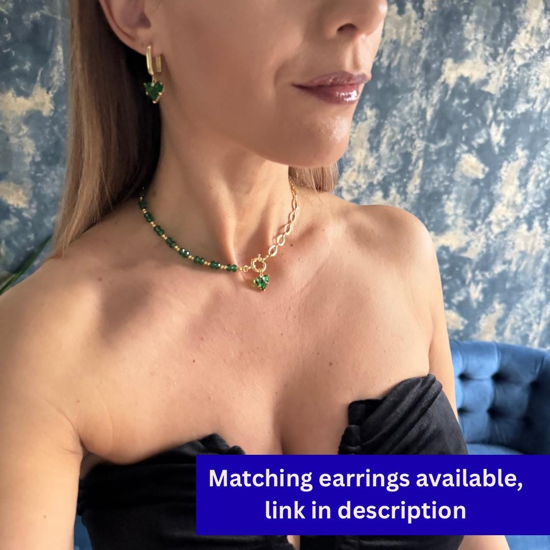 Emerald Green Choker Necklace Gold Heart Charm and Chain Green Crystal Jewelry Gift in Box