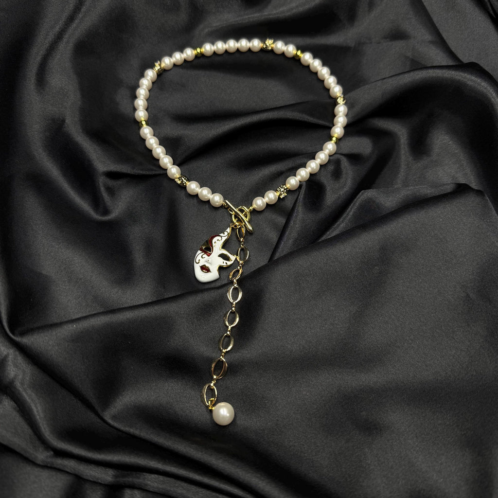 Masquerade Inspired Jewelry Venetian Mask Necklace Pearl Drop Design Gold Y Chain Crystal Accents Statement Piece Elegant Costume Accessory Perfect Gift Idea Special Event Jewelry Night Out Essential Formal Wear Accessory Dramatic Look