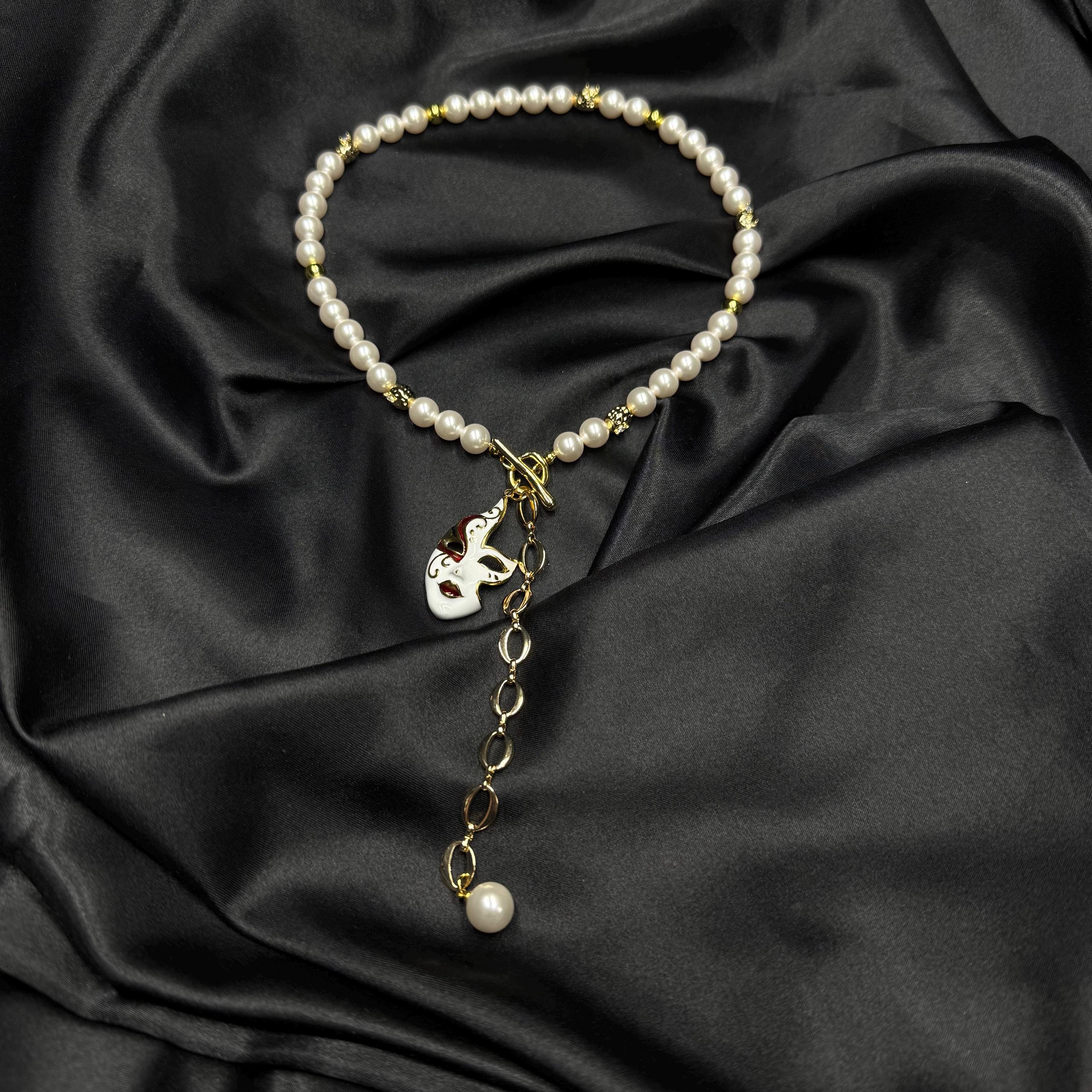 Masquerade Inspired Jewelry Venetian Mask Necklace Pearl Drop Design Gold Y Chain Crystal Accents Statement Piece Elegant Costume Accessory Perfect Gift Idea Special Event Jewelry Night Out Essential Formal Wear Accessory Dramatic Look