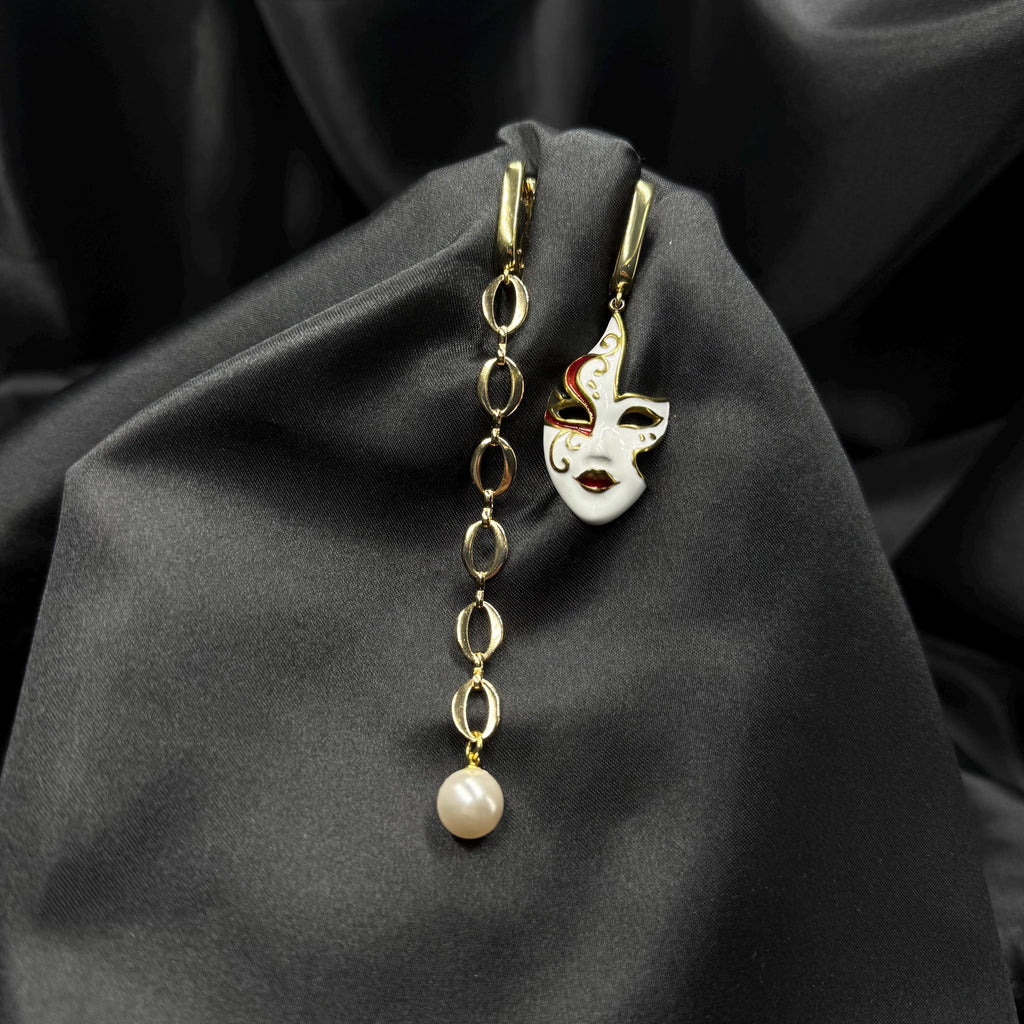 Luxury Pearl Earrings Gold Hoop Design Venetian Mask Charm Asymmetrical Style Statement Jewelry Handmade Creation Unique Gift Idea Mismatched Earring Pair Crystal Detail White Gold Accents Carnival Accessory Evening Wear Formal Events