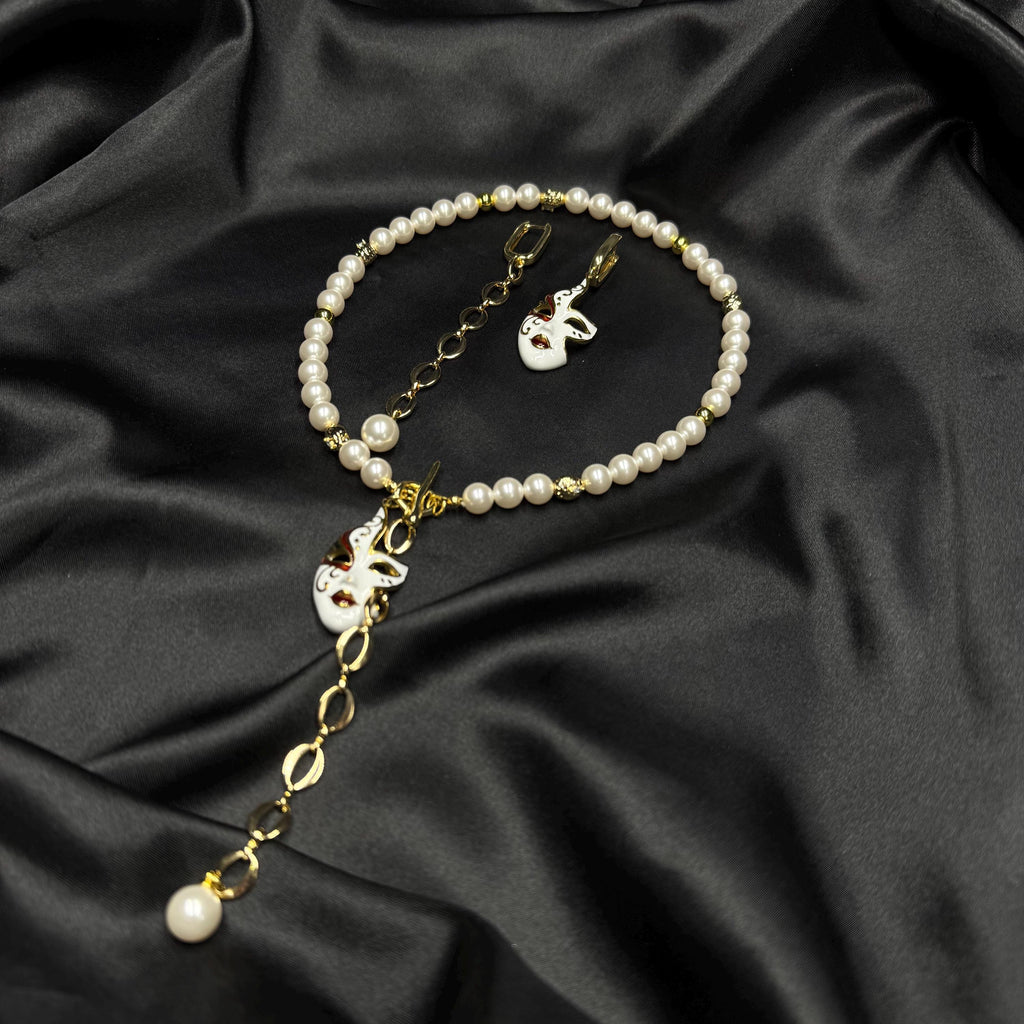 Statement Jewelry Collection Venetian Mask Design Pearl Necklace Set Crystal Pendant Earrings Gold Plated Finish Luxury Choker Accessory Masquerade Ball Essential Formal Event Piece Dramatic Styling Elegant Gift Option Special Occasion Wear