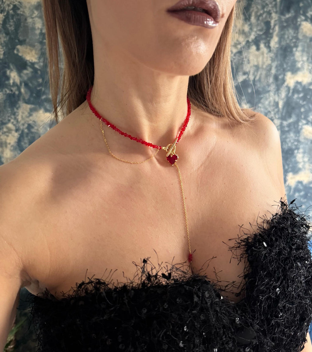 Red Glass Beaded Choker Necklace Gold Toggle Clasp Heart Charm Detail Statement Piece Elegant Design Premium Quality Construction Handcrafted Jewelry Item Customizable Length Option Gift Box Included Valentine Present Idea Women Fashion