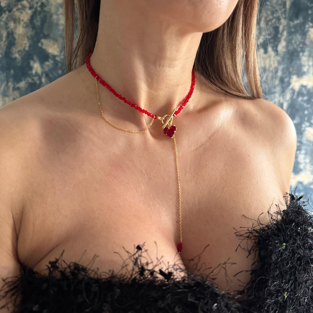 Red Glass Beaded Choker Necklace Gold Toggle Clasp Heart Charm Detail Statement Piece Elegant Design Premium Quality Construction Handcrafted Jewelry Item Customizable Length Option Gift Box Included Valentine Present Idea Women Fashion