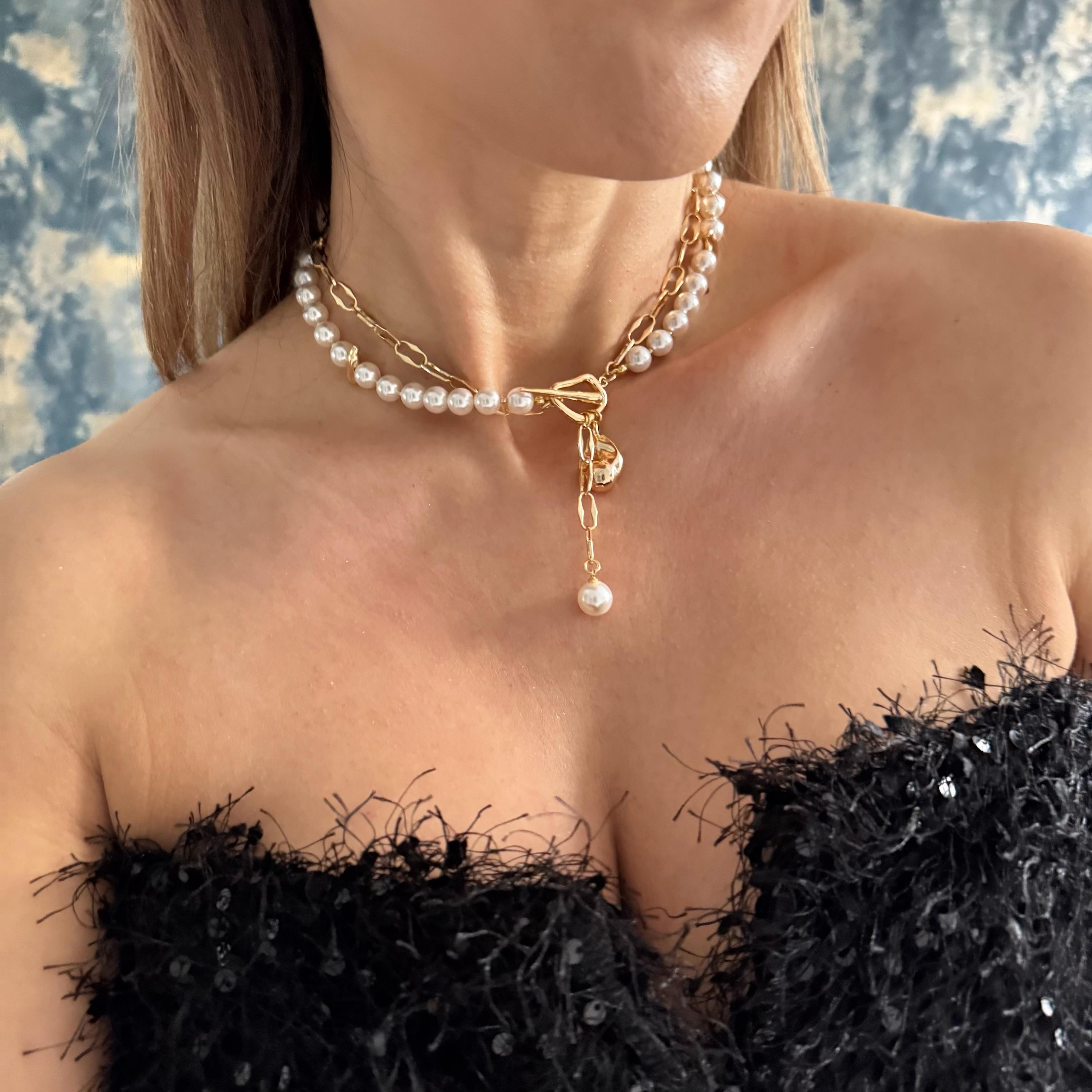 Gold Plated Necklace Pearl Crystal Design Toggle Clasp Feature Elegant Teardrop Pendant Dainty Chain Construction Premium Quality Materials Wedding Jewelry Collection Bridal Accessory Essential Formal Event Piece Classic Style Element