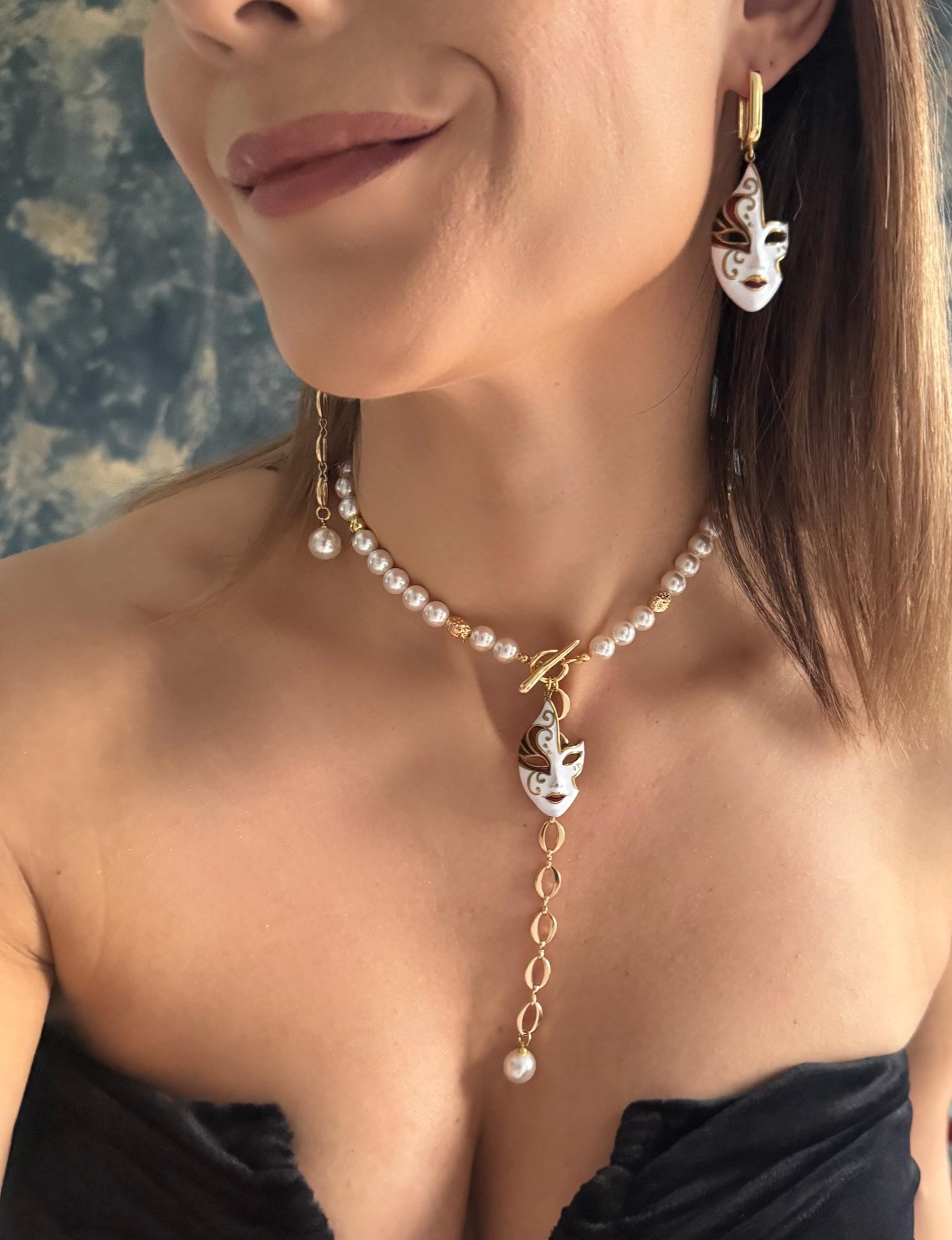 Venetian Mask Jewelry Set Pearl Necklace Matching Earrings Crystal Pendant Gold Plated Design Statement Piece Luxury Choker Accessory Masquerade Ball Theater Event Formal Celebration Costume Party Elegant Dramatic Styling Special Occasion