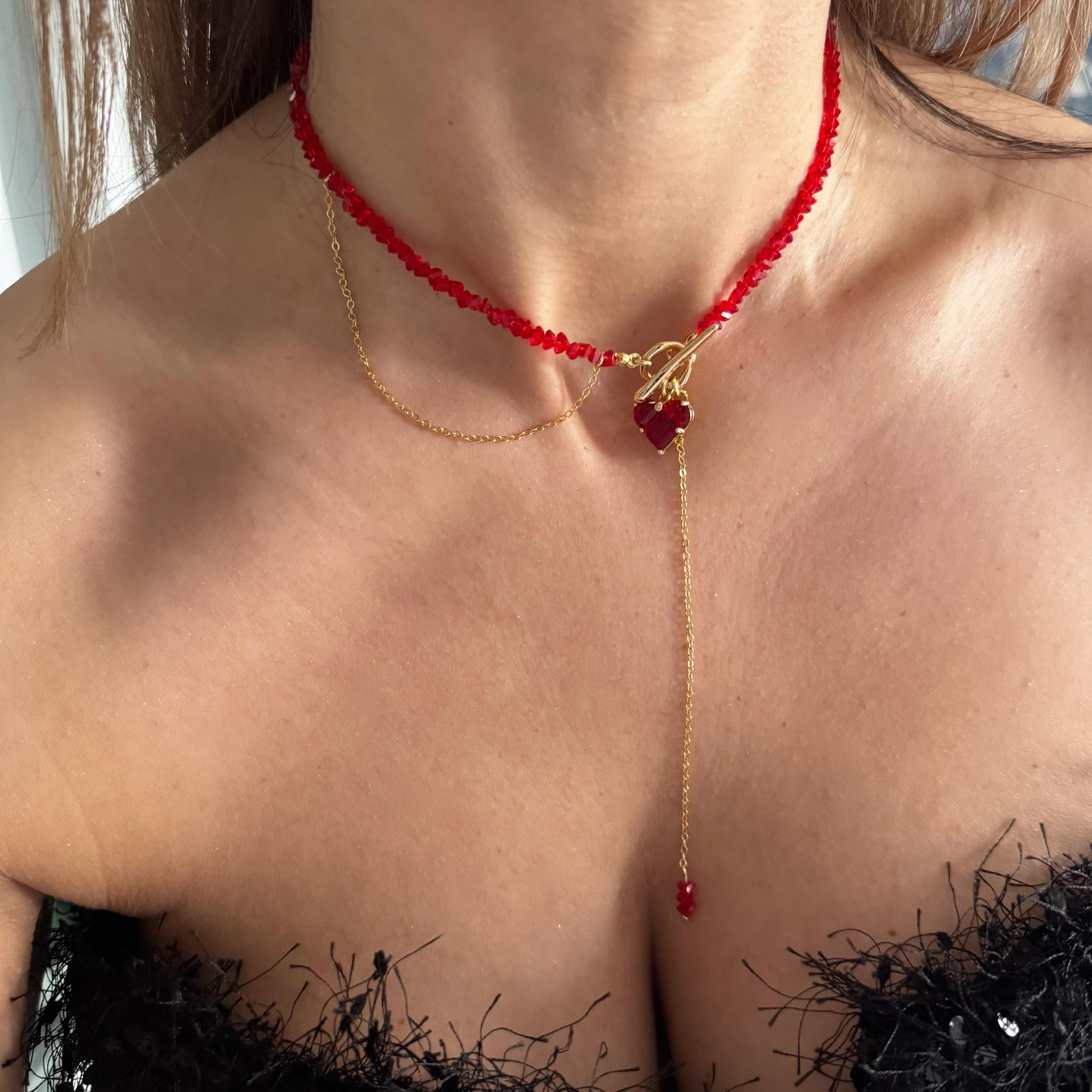 Red Glass Beaded Choker Necklace Gold Toggle Clasp Heart Charm Detail Statement Piece Elegant Design Premium Quality Construction Handcrafted Jewelry Item Customizable Length Option Gift Box Included Valentine Present Idea Women Fashion
