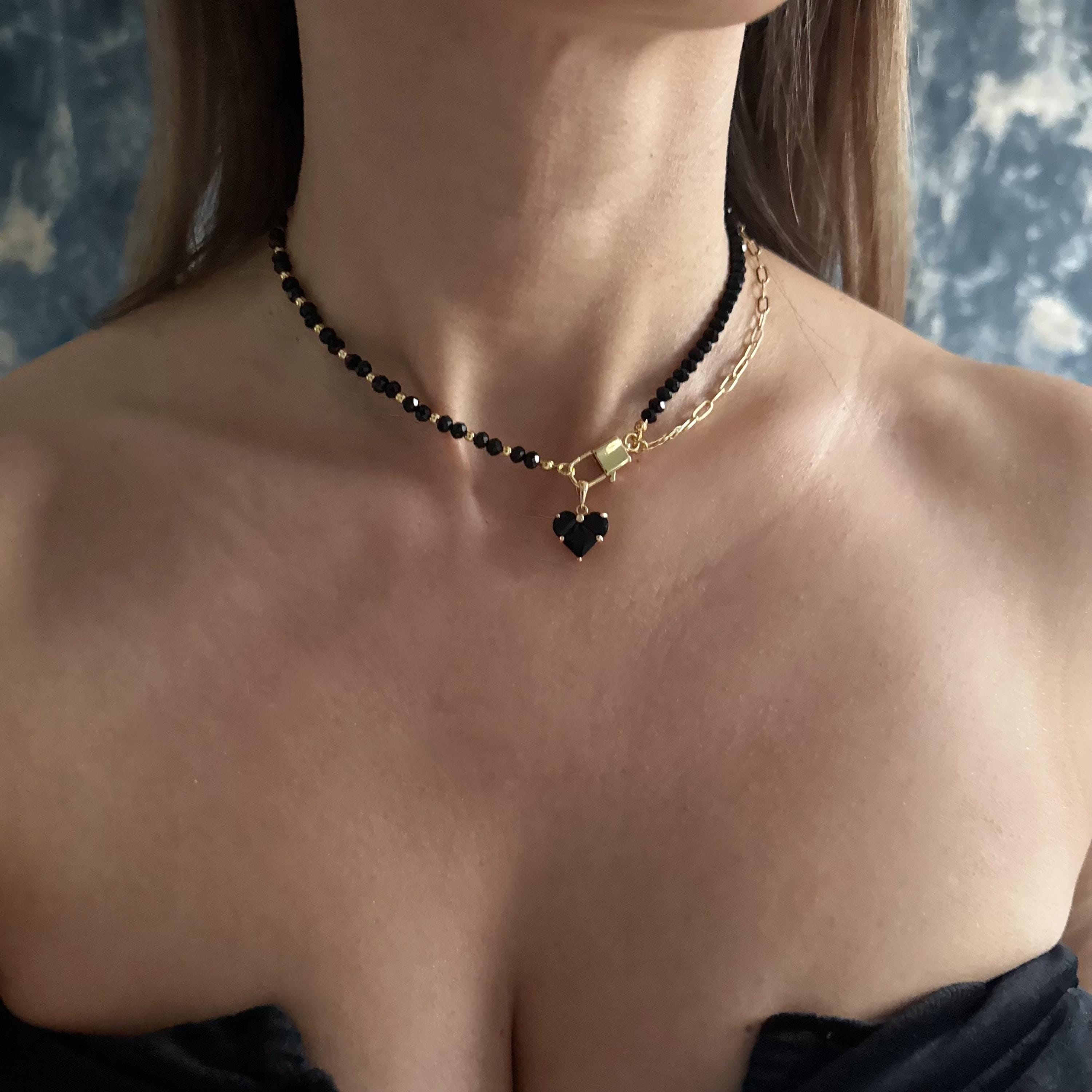 Black Spinel Necklace Gold Heart Pendant Layered Choker Design Beaded Chain Combination Elegant Valentine Gift Special Occasion Jewelry Dainty Minimalist Style Modern Fashion Accessory Natural Stone Beads Gold Plated Elements Romantic