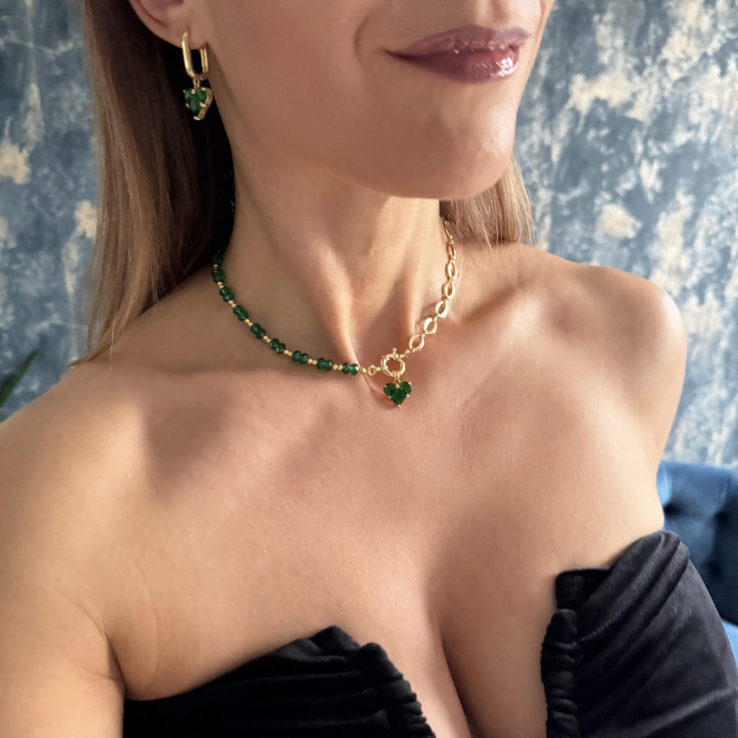 Emerald Jewelry Set Green Crystal Heart Pendant Gold Necklace Matching Earrings Elegant Design Handmade Beaded Choker Style Statement Accessory Luxury Collection Formal Occasion Jewelry Romantic Gift Idea Special Event Piece Beautiful