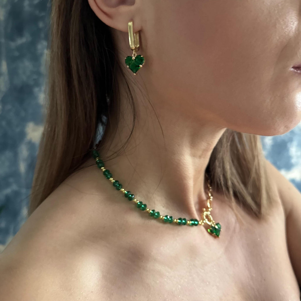 Green Crystal Heart Jewelry Gold Plated Necklace Earrings Set Elegant Emerald Collection Handmade Beaded Design Statement Piece Gift For Women Special Occasion Accessory Romantic Present Idea Luxury Fashion Item Choker Style Necklace