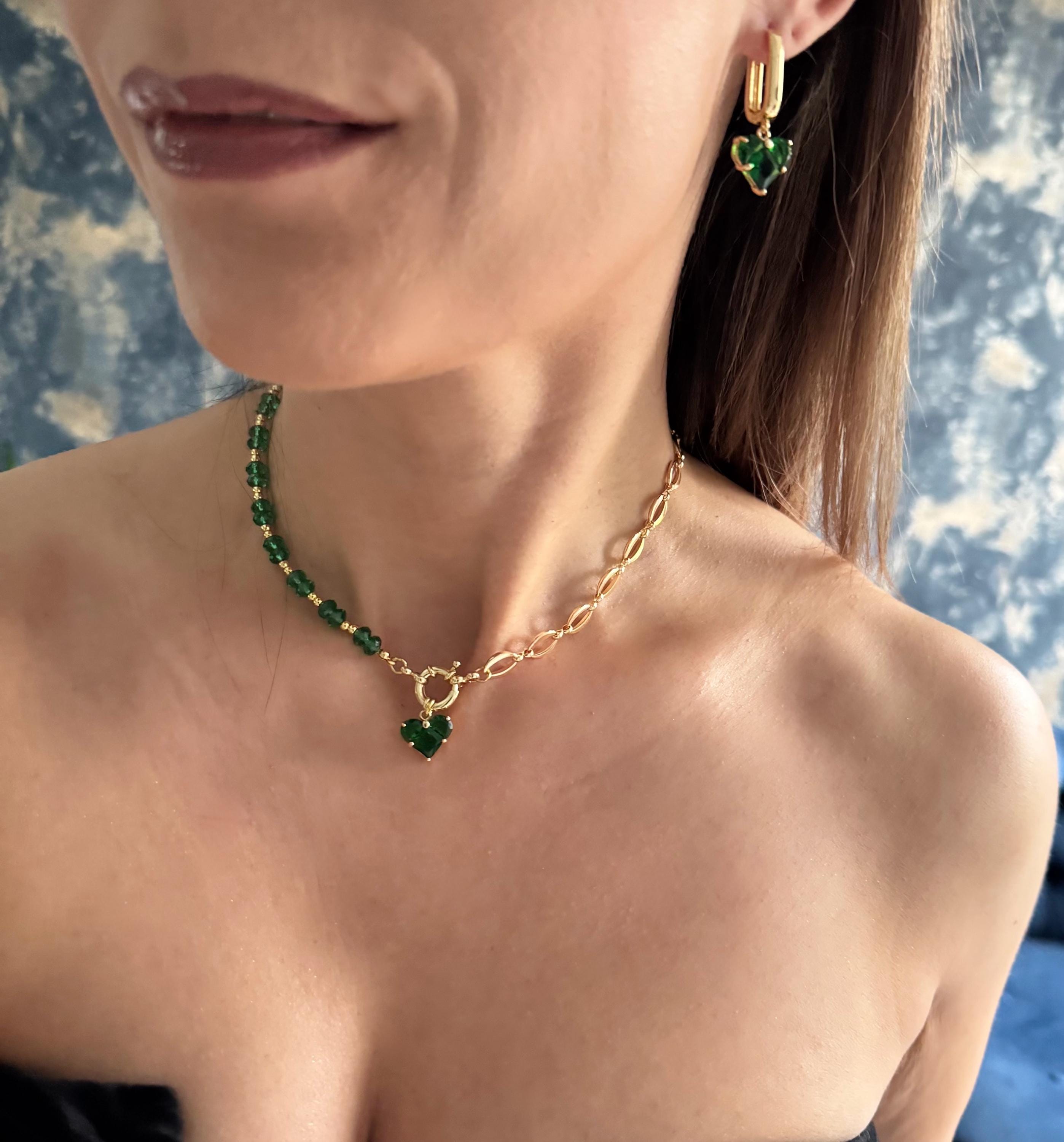 Emerald Jewelry Set Green Crystal Heart Pendant Gold Necklace Matching Earrings Elegant Design Handmade Beaded Choker Style Statement Accessory Luxury Collection Formal Occasion Jewelry Romantic Gift Idea Special Event Piece Beautiful