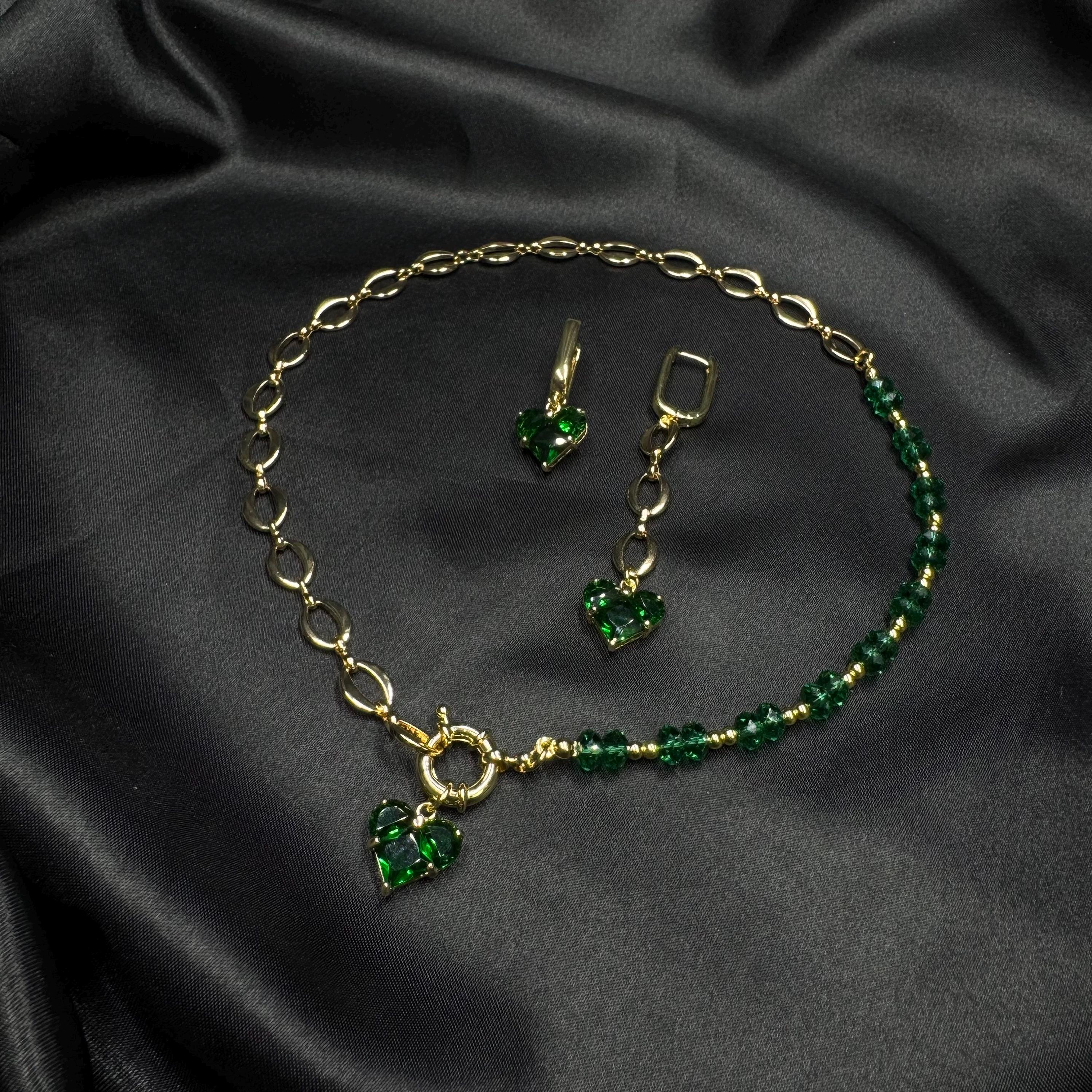 Emerald Jewelry Set Green Crystal Heart Pendant Gold Necklace Matching Earrings Elegant Design Handmade Beaded Choker Style Statement Accessory Luxury Collection Formal Occasion Jewelry Romantic Gift Idea Special Event Piece Beautiful