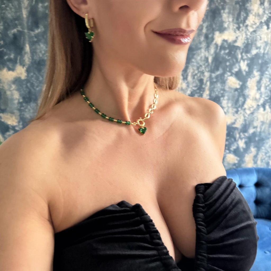 Luxury Statement Earrings Asymmetrical Heart Design Emerald Green Crystal Jewelry Gold Chain Links Modern Fashion Accessory Special Occasion Wear Romantic Gift Idea Valentine Present Unique Handmade Creation Beautiful Ear Adornment Evening