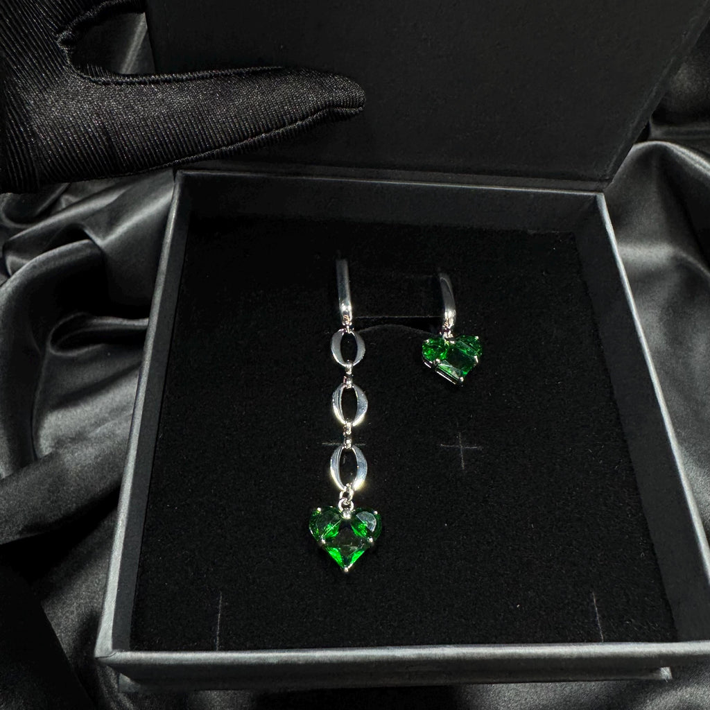 Valentine Day Gift Asymmetrical Heart Earrings Emerald Green Crystals Gold Chain Design Luxury Statement Jewelry Romantic Present Idea Special Occasion Accessory Modern Fashion Style Unique Handmade Creation Evening Wear Elegance Beautiful
