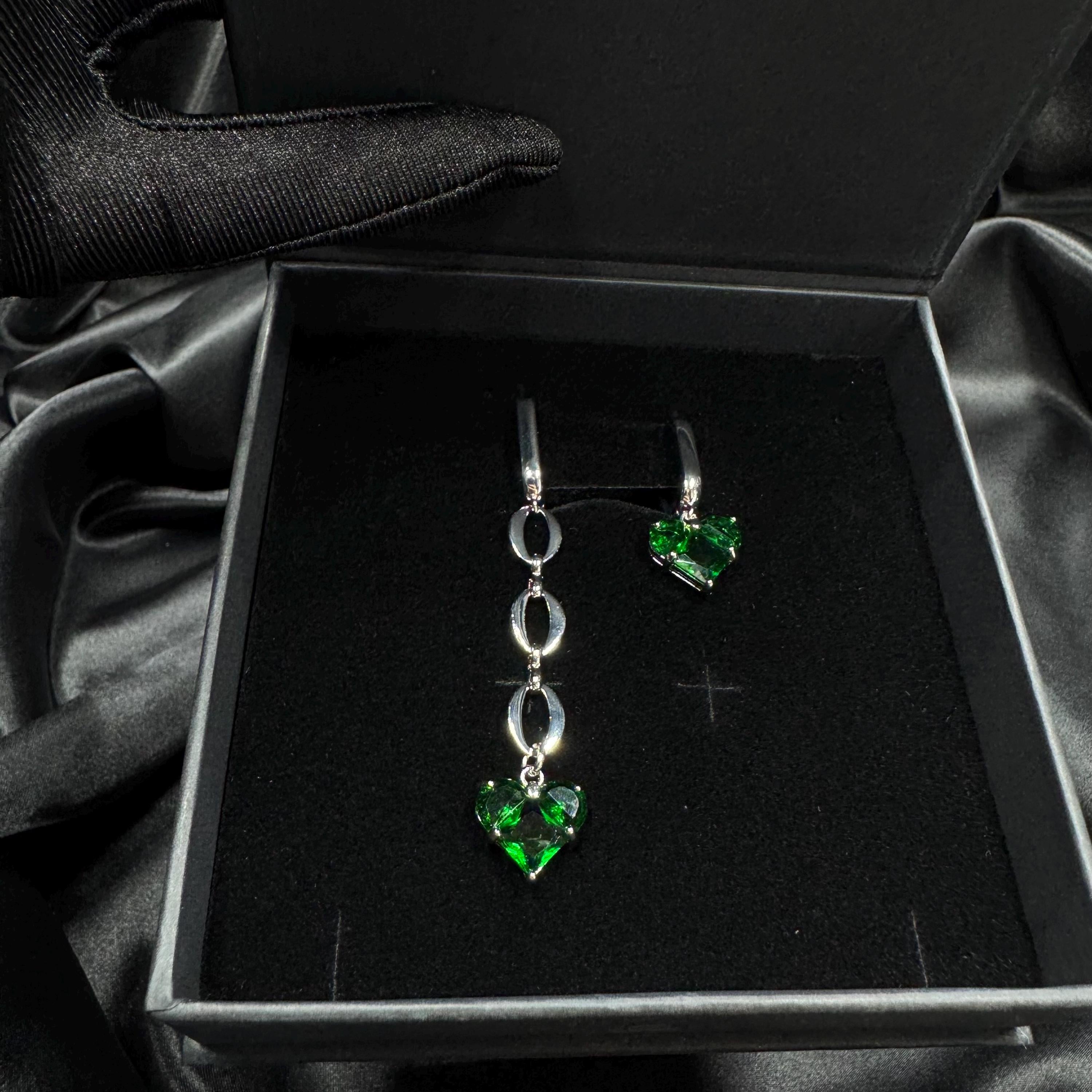 Valentine Day Gift Asymmetrical Heart Earrings Emerald Green Crystals Gold Chain Design Luxury Statement Jewelry Romantic Present Idea Special Occasion Accessory Modern Fashion Style Unique Handmade Creation Evening Wear Elegance Beautiful