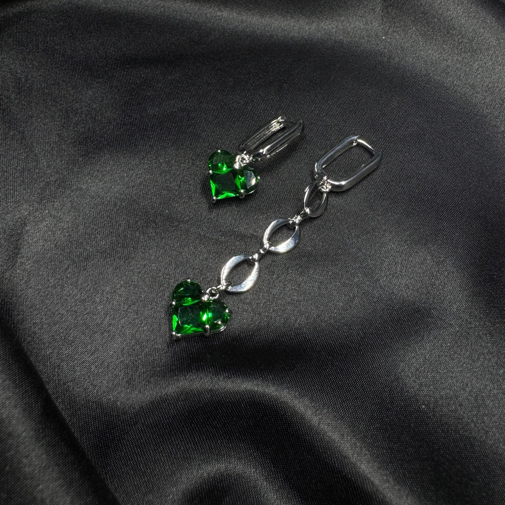 Valentine Day Gift Asymmetrical Heart Earrings Emerald Green Crystals Gold Chain Design Luxury Statement Jewelry Romantic Present Idea Special Occasion Accessory Modern Fashion Style Unique Handmade Creation Evening Wear Elegance Beautiful