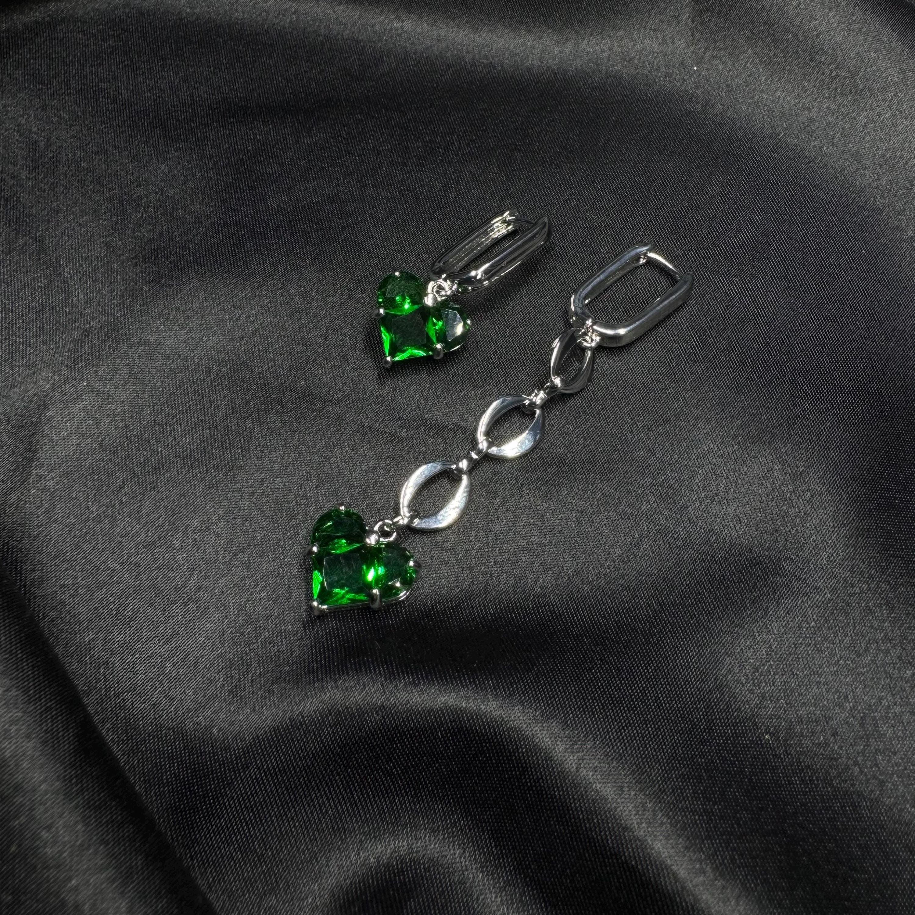 Valentine Day Gift Asymmetrical Heart Earrings Emerald Green Crystals Gold Chain Design Luxury Statement Jewelry Romantic Present Idea Special Occasion Accessory Modern Fashion Style Unique Handmade Creation Evening Wear Elegance Beautiful