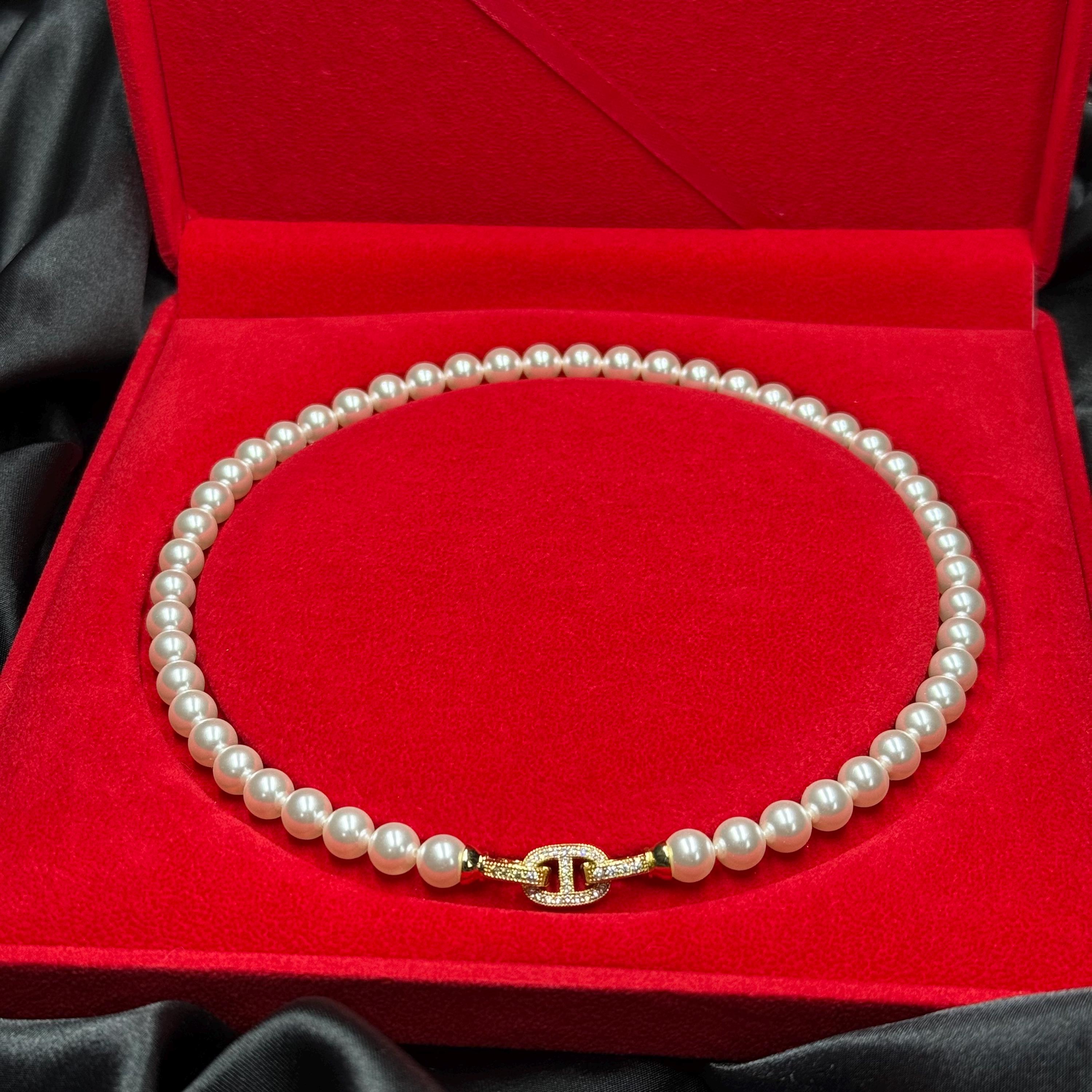 Special Occasion Jewelry Crystal Pearl Necklace Elegant Design Formal Event Accessory Anniversary Gift Idea Romantic Present Wife Birthday Surprise Luxury Collection Gold Plated Clasp Crystal Accent Details Eight MM Pearls Seventeen Inch Swarovski pearl necklaces