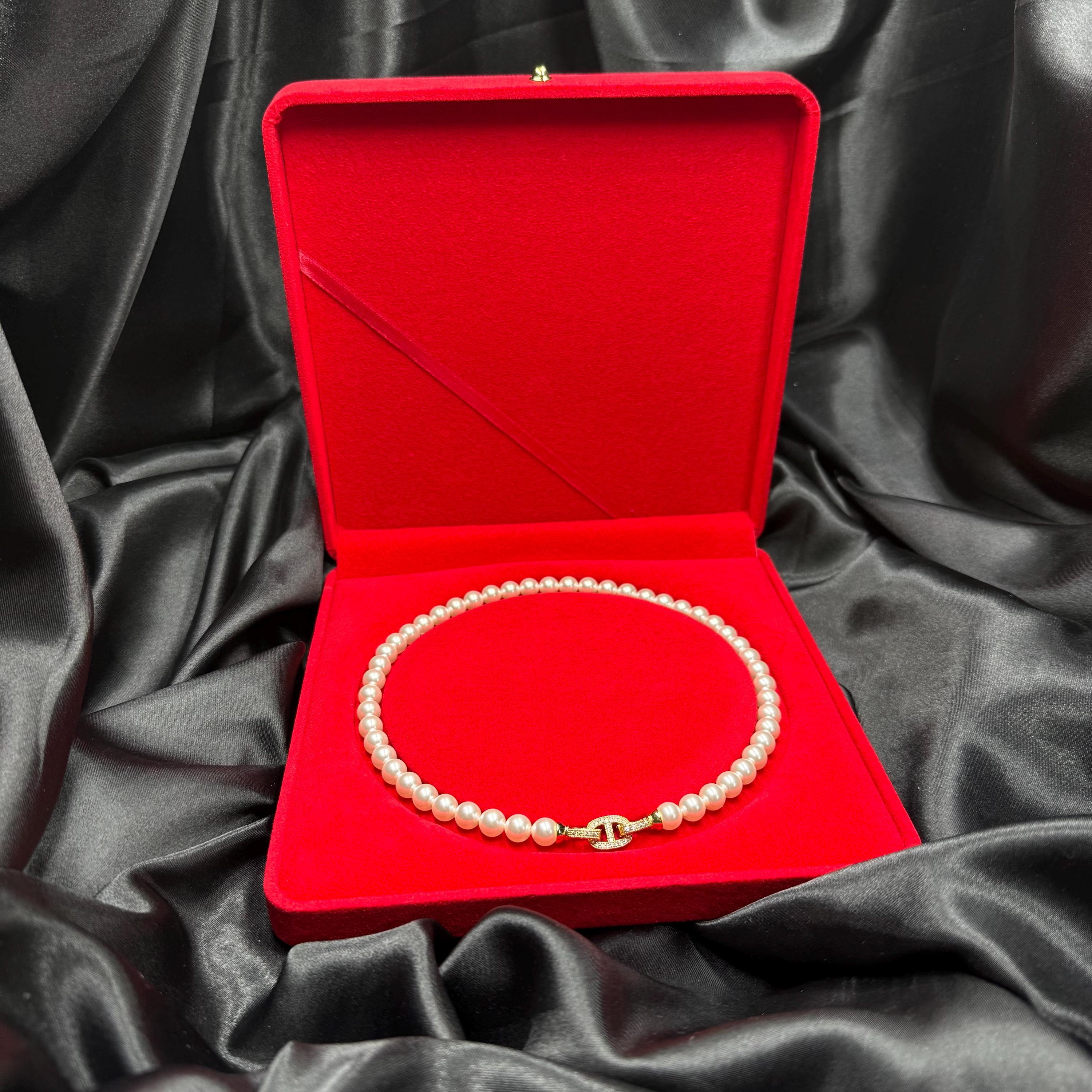 Luxury Pearl Collection Crystal Necklace Design Elegant Jewelry Piece Anniversary Gift Idea Romantic Present Wife Special Occasion Accessory Formal Event Necklace Gold Plated Clasp Crystal Accent Details Eight MM Pearls Seventeen Inch Swarovski pearl necklace