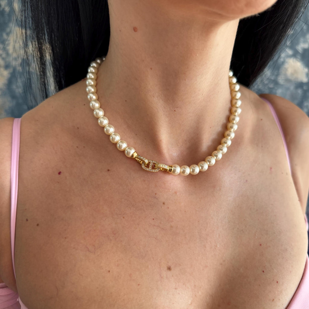 Swarovski pearl necklace Luxury Pearl Collection Crystal Necklace Design Elegant Jewelry Piece Anniversary Gift Idea Romantic Present Wife Special Occasion Accessory Formal Event Necklace Gold Plated Clasp Crystal Accent Details Eight MM Pearls Seventeen Inch