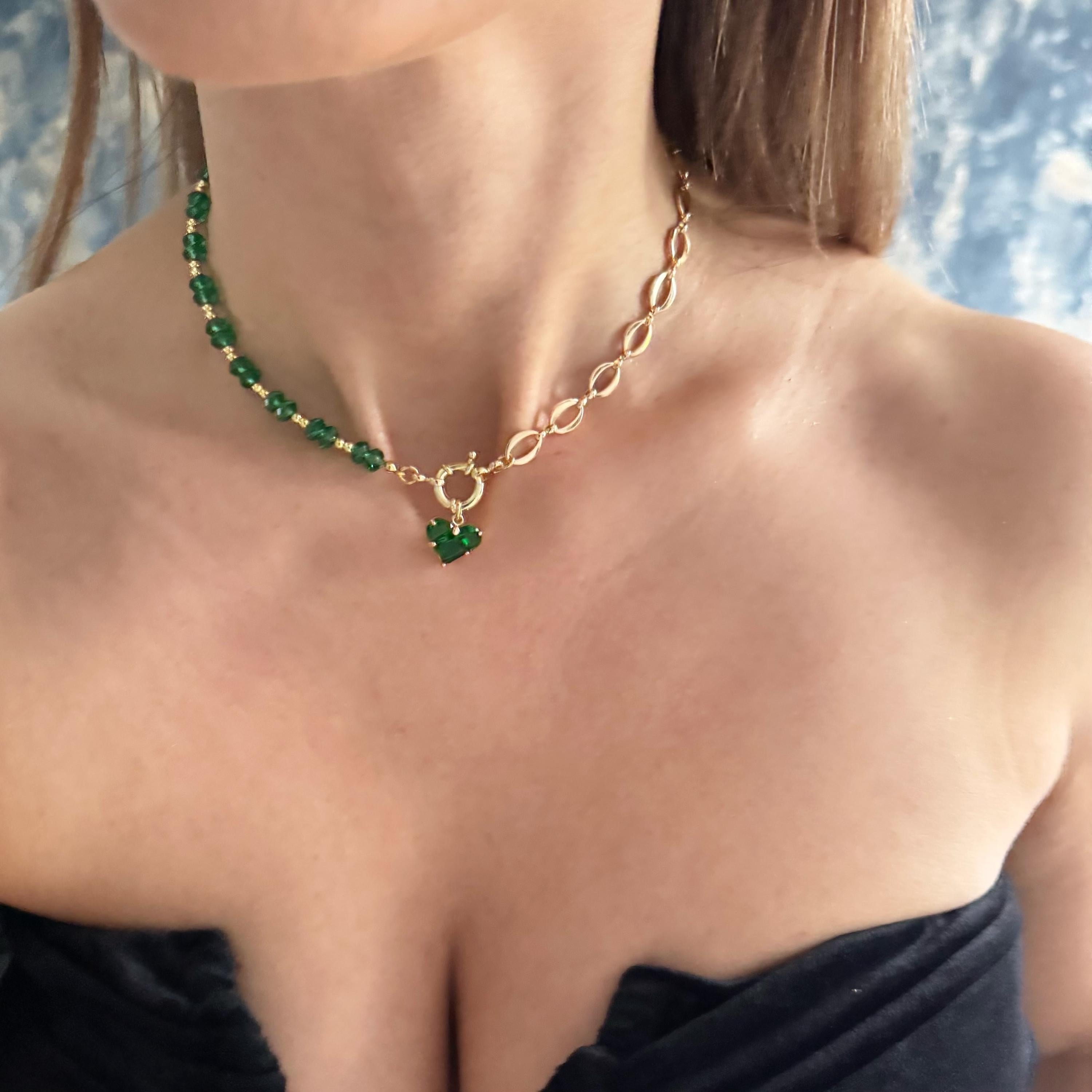 Emerald Crystal Choker Heart Pendant Gold Chain Beaded Necklace Green Crystal Design Elegant Statement Piece Dainty Jewelry Collection Gold Plated Material Fashion Forward Accessory Trendy Layering Necklace Stylish Womens Gift Idea Special