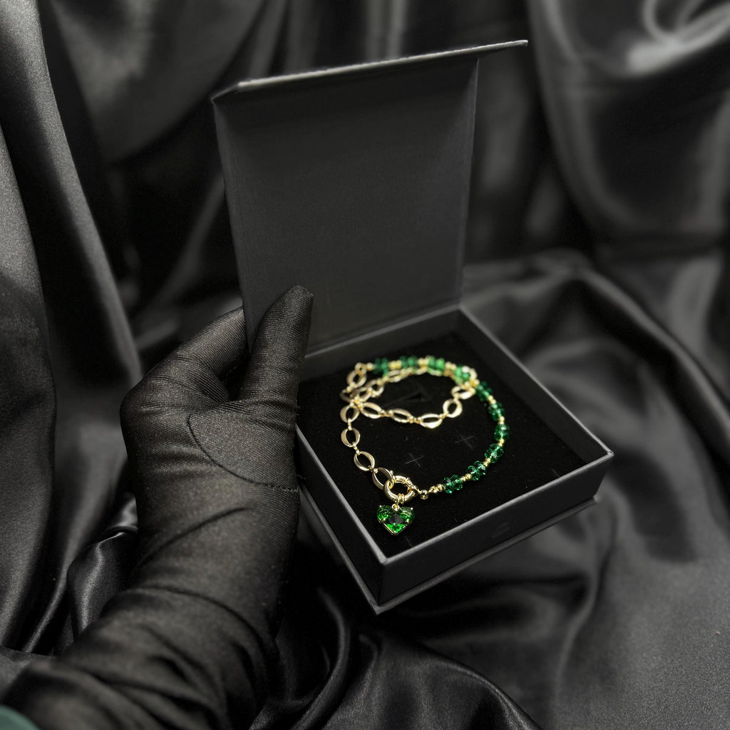 Emerald Green Choker Necklace Gold Heart Charm and Chain Green Crystal Jewelry Gift in Box