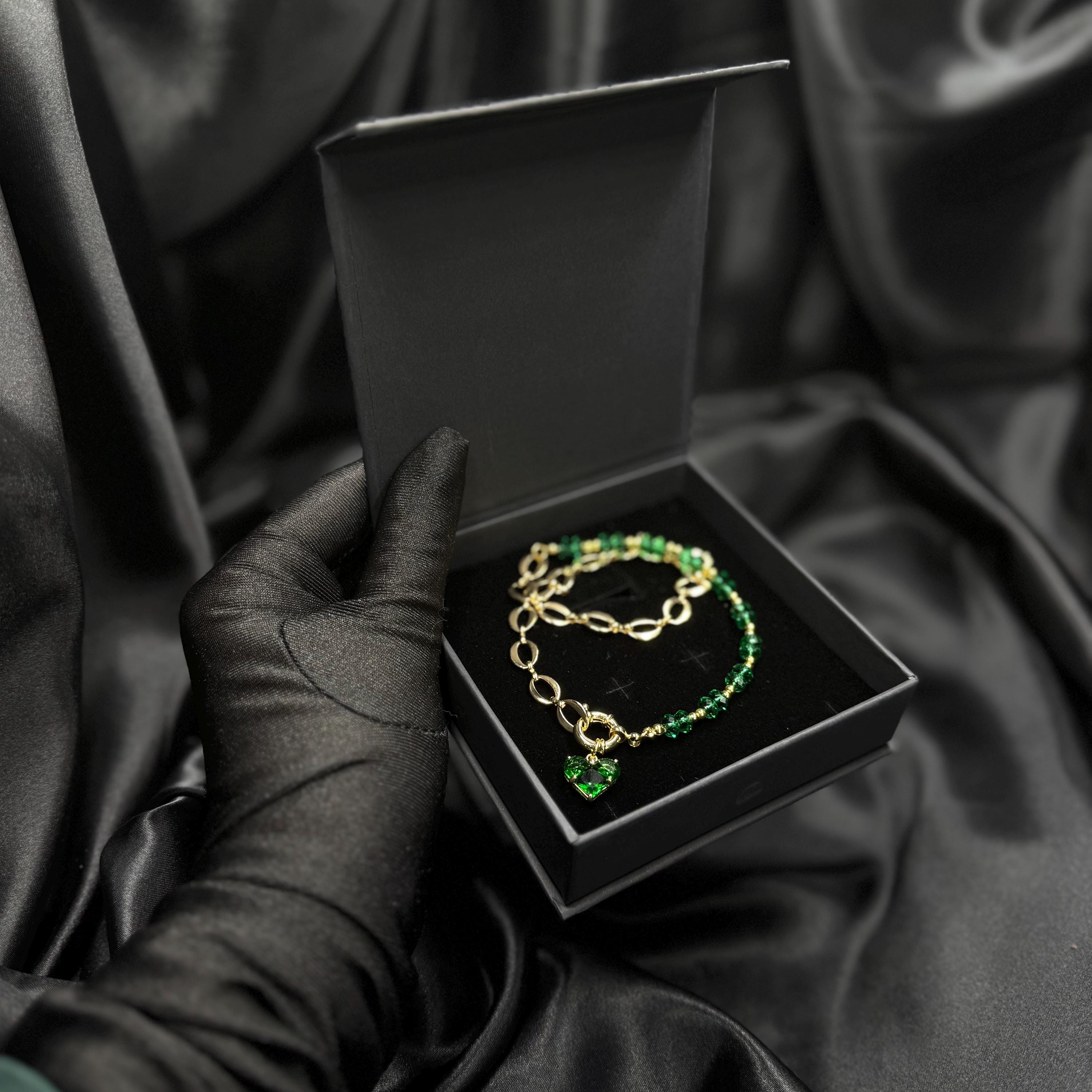 Emerald Green Choker Necklace Gold Heart Charm and Chain Green Crystal Jewelry Gift in Box