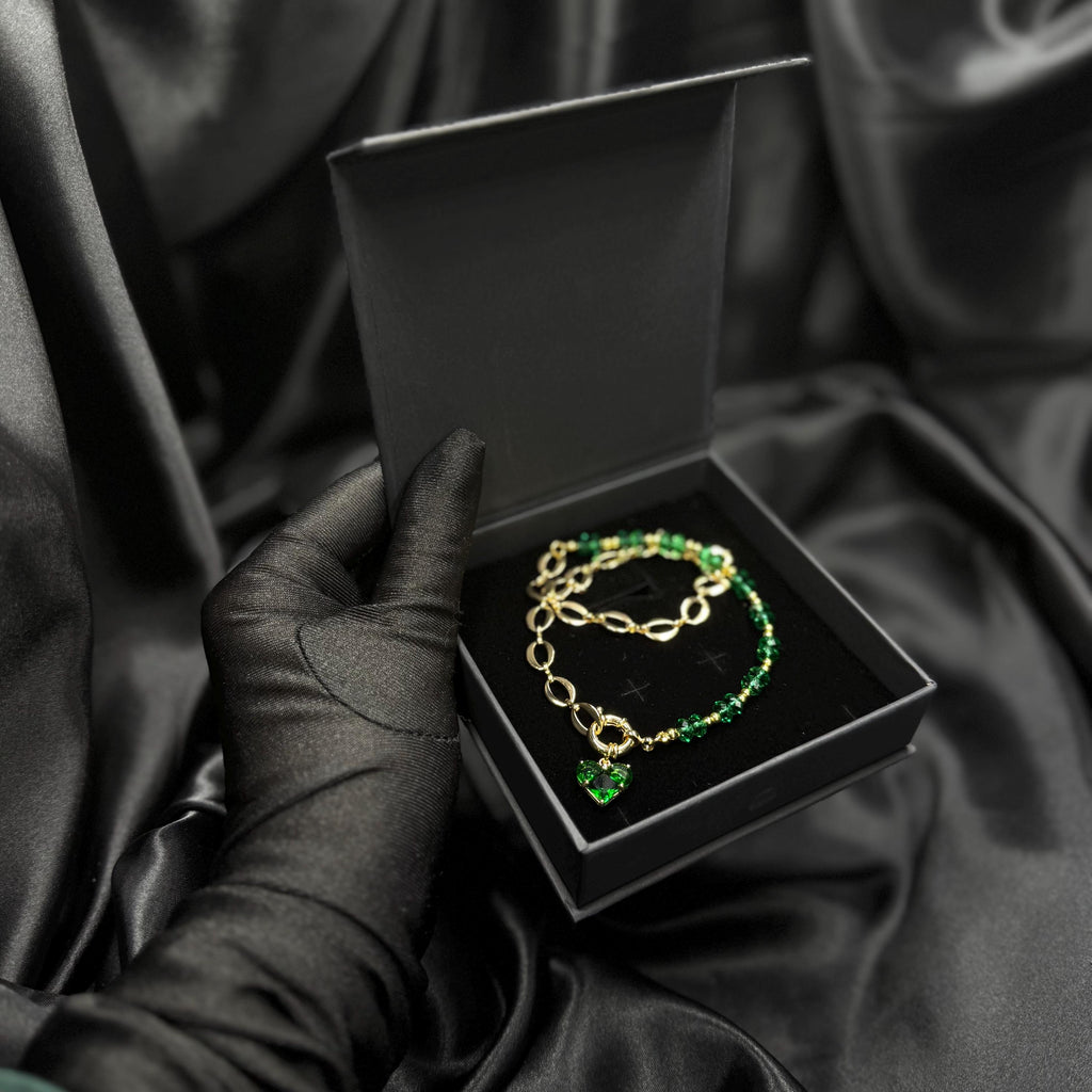 Handmade Beaded Jewelry Emerald Green Crystal Set Heart Pendant Design Gold Necklace Collection Matching Earrings Pair Elegant Choker Style Statement Accessory Premium Quality Materials Luxury Fashion Item Special Occasion Piece Gift For