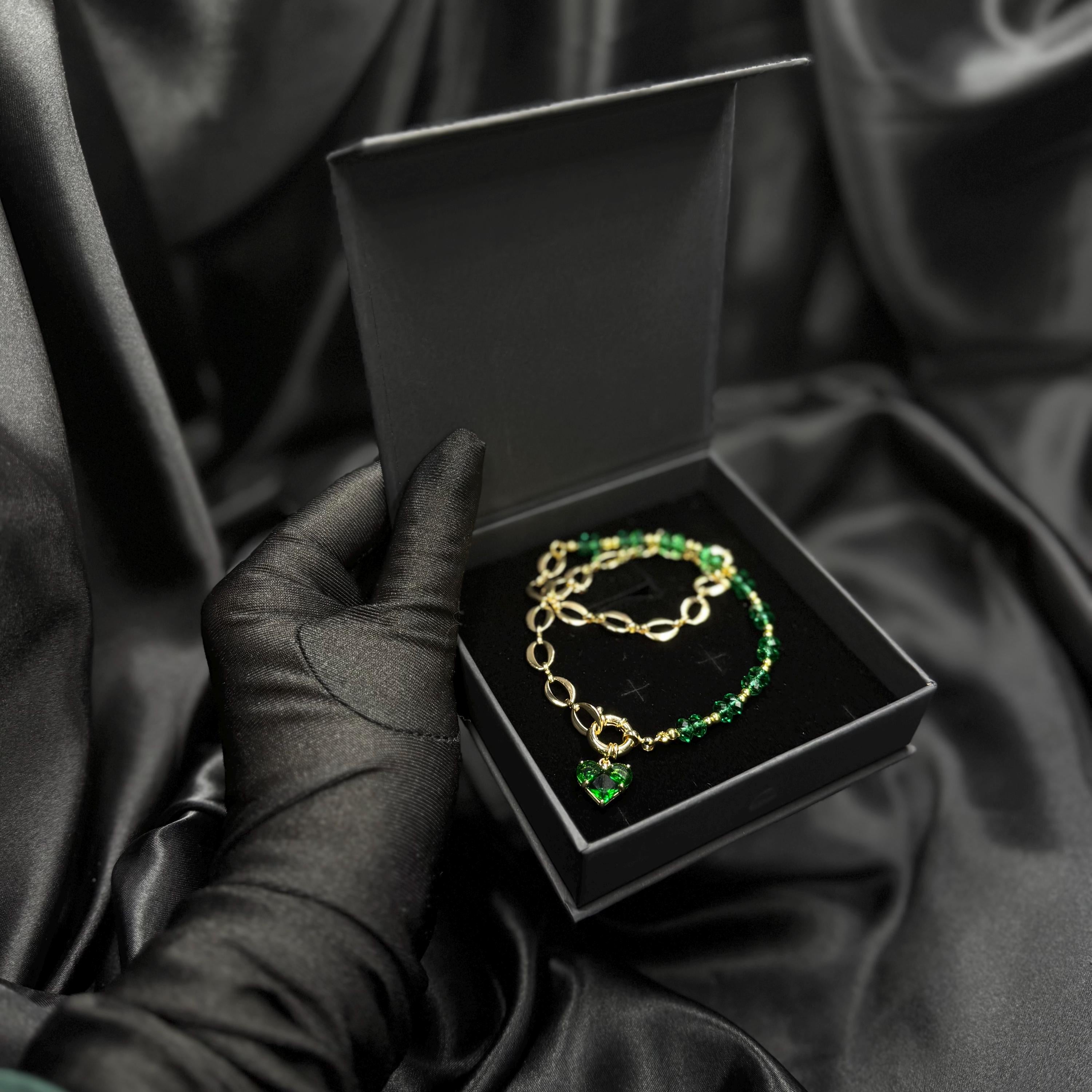 Handmade Beaded Jewelry Emerald Green Crystal Set Heart Pendant Design Gold Necklace Collection Matching Earrings Pair Elegant Choker Style Statement Accessory Premium Quality Materials Luxury Fashion Item Special Occasion Piece Gift For
