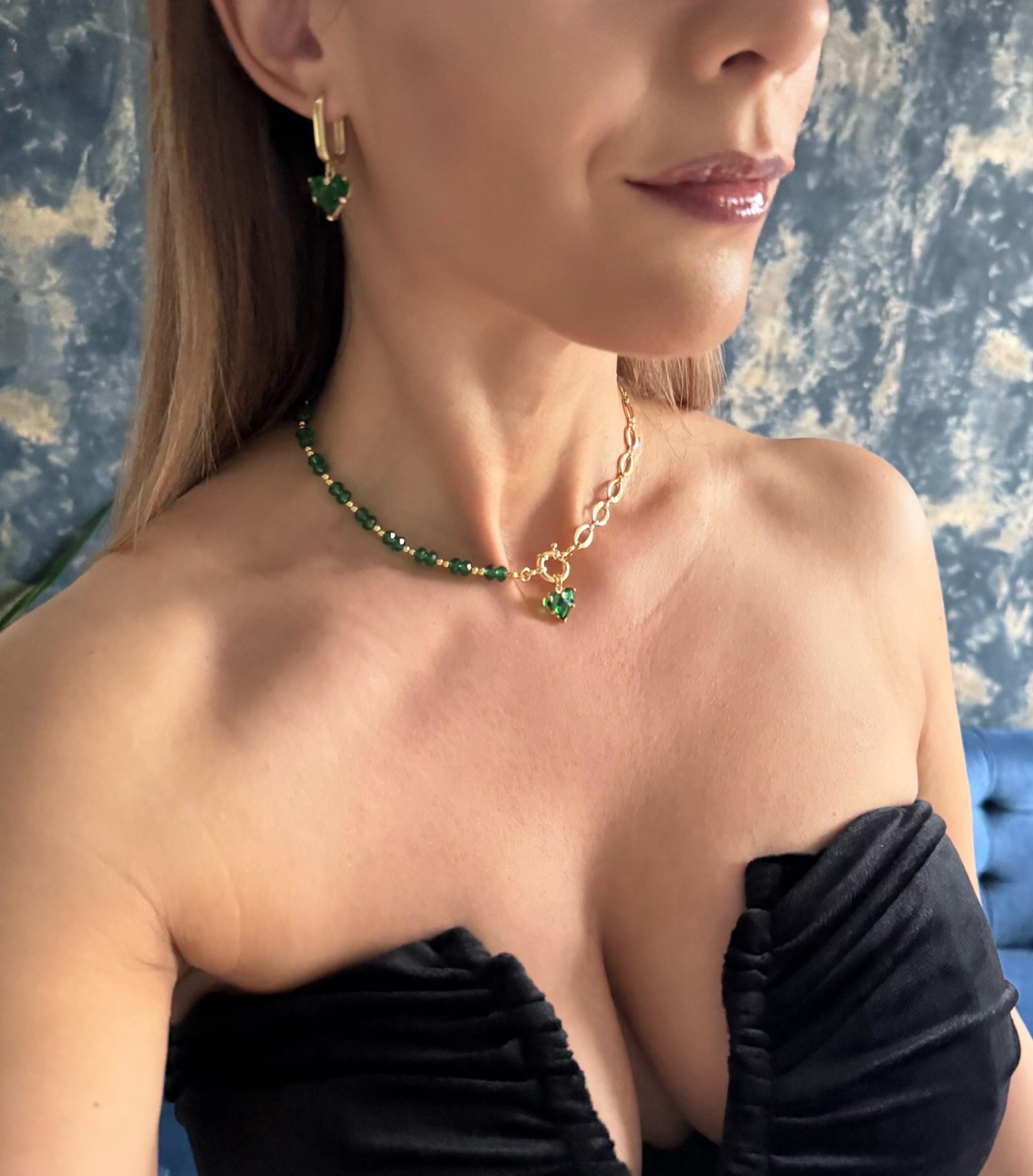 Luxury Statement Earrings Asymmetrical Heart Design Emerald Green Crystal Jewelry Gold Chain Links Modern Fashion Accessory Special Occasion Wear Romantic Gift Idea Valentine Present Unique Handmade Creation Beautiful Ear Adornment Evening