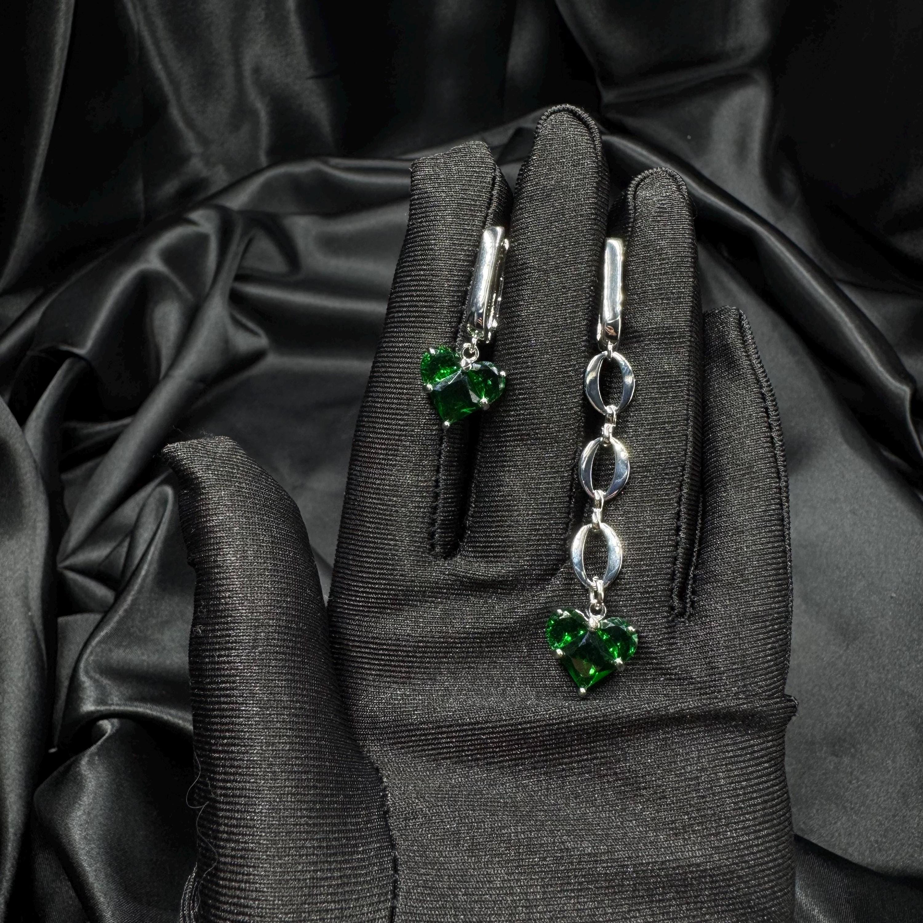 Luxury Statement Earrings Asymmetrical Heart Design Emerald Green Crystal Jewelry Gold Chain Links Modern Fashion Accessory Special Occasion Wear Romantic Gift Idea Valentine Present Unique Handmade Creation Beautiful Ear Adornment Evening