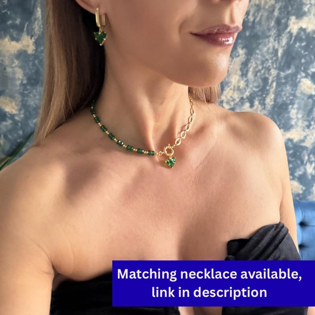 Luxury Statement Earrings Asymmetrical Heart Design Emerald Green Crystal Jewelry Gold Chain Links Modern Fashion Accessory Special Occasion Wear Romantic Gift Idea Valentine Present Unique Handmade Creation Beautiful Ear Adornment Evening