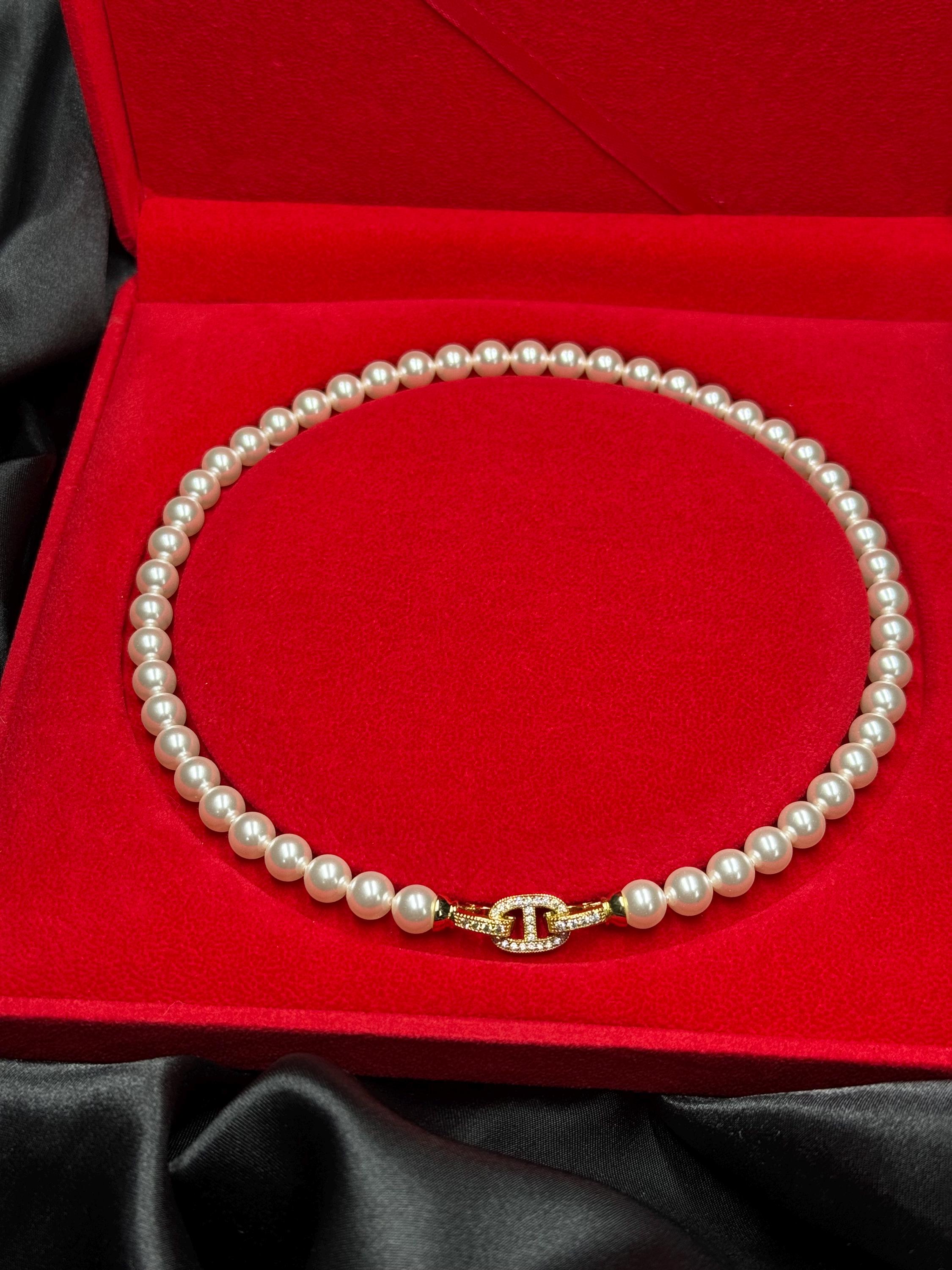 Romantic Gift Necklace Crystal Pearl Design Elegant Anniversary Present Wife Birthday Surprise Luxury Jewelry Collection Special Occasion Piece Gold Plated Clasp Crystal Accent Details Eight MM Pearls Seventeen Inch Length Formal Event