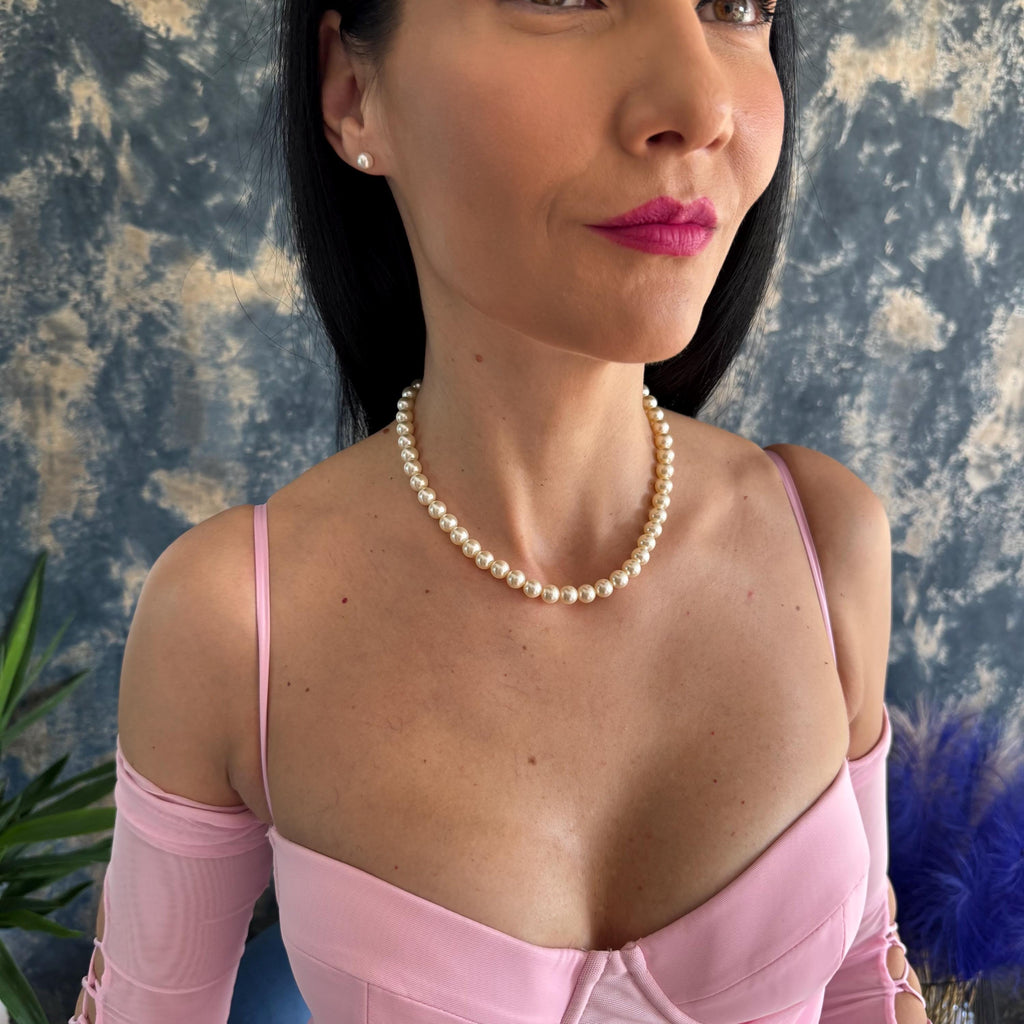 Swarovski pearl necklace Romantic Gift Necklace Crystal Pearl Design Elegant Anniversary Present Wife Birthday Surprise Luxury Jewelry Collection Special Occasion Piece Gold Plated Clasp Crystal Accent Details Eight MM Pearls Seventeen Inch Length Formal Event