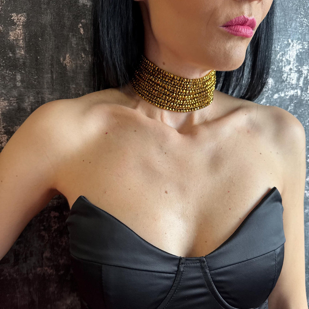 Statement Gold Choker Necklace Retro Statement Piece Vintage Style Jewelry Gift Her Elegant Accessory Multi Strand Crystal Bead Collar