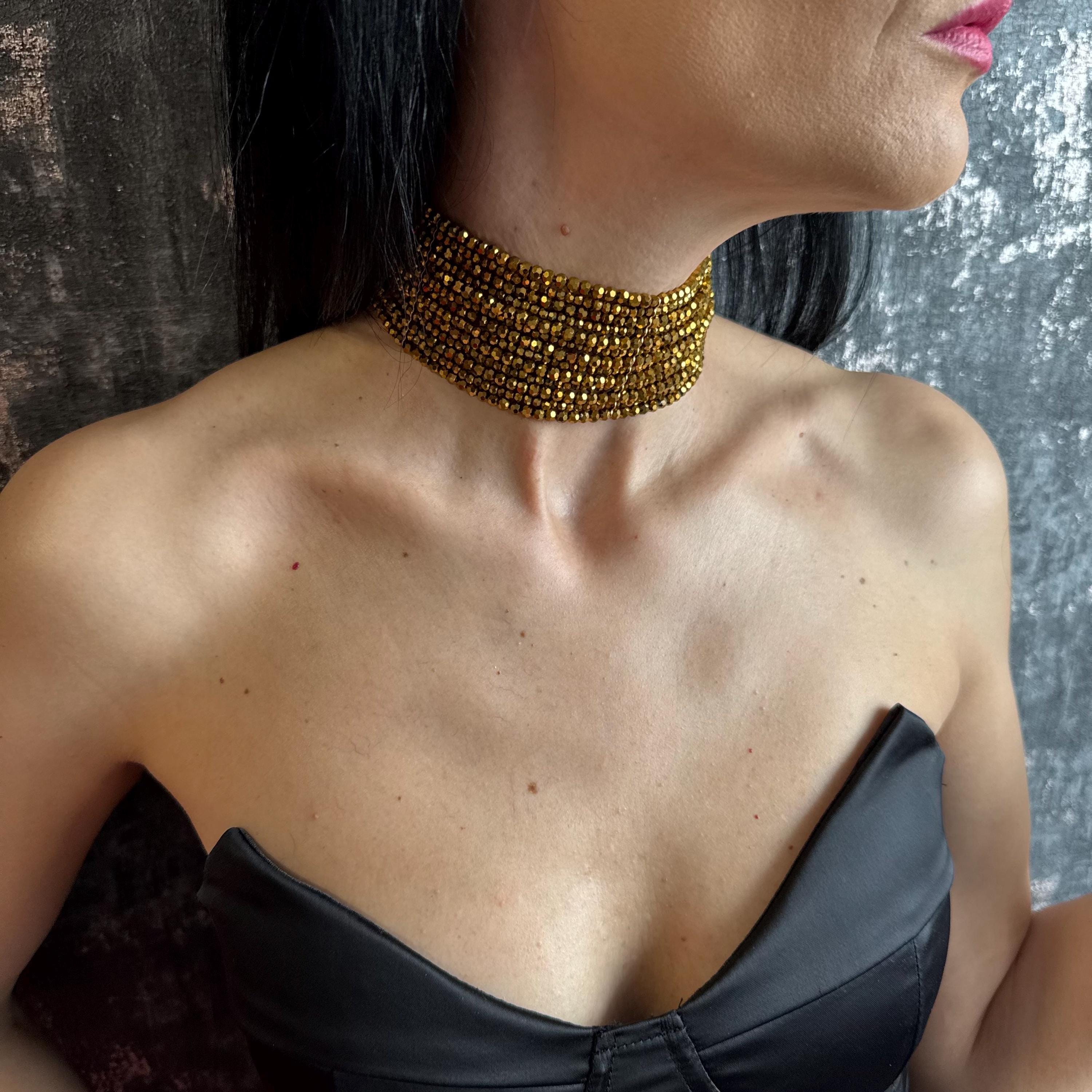 Statement Gold Choker Necklace Retro Statement Piece Vintage Style Jewelry Gift Her Elegant Accessory Multi Strand Crystal Bead Collar