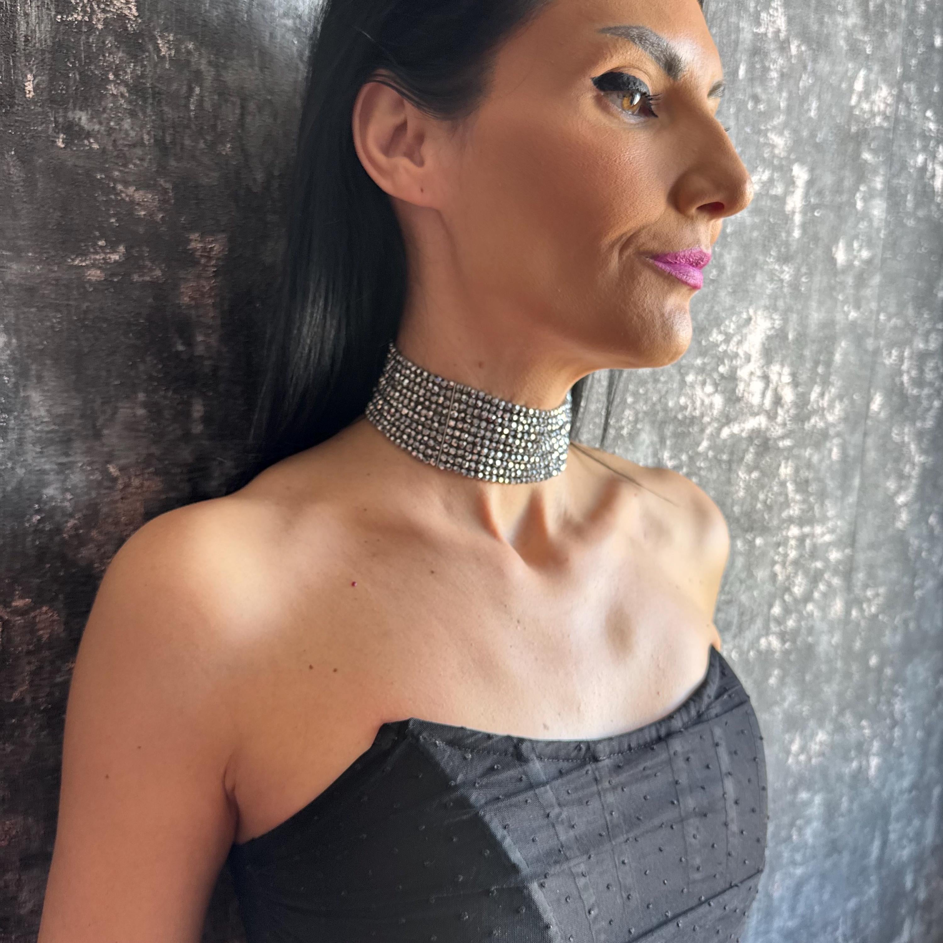 Statement Silver Choker Necklace Gift for Her Sparkly Jewelry Multi Strand Design Elegant Accessory Shiny Diamante Spark Evening Fancy Piece
