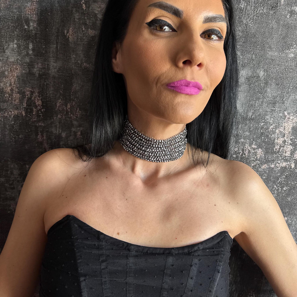Statement Silver Choker Necklace Gift for Her Sparkly Jewelry Multi Strand Design Elegant Accessory Shiny Diamante Spark Evening Fancy Piece