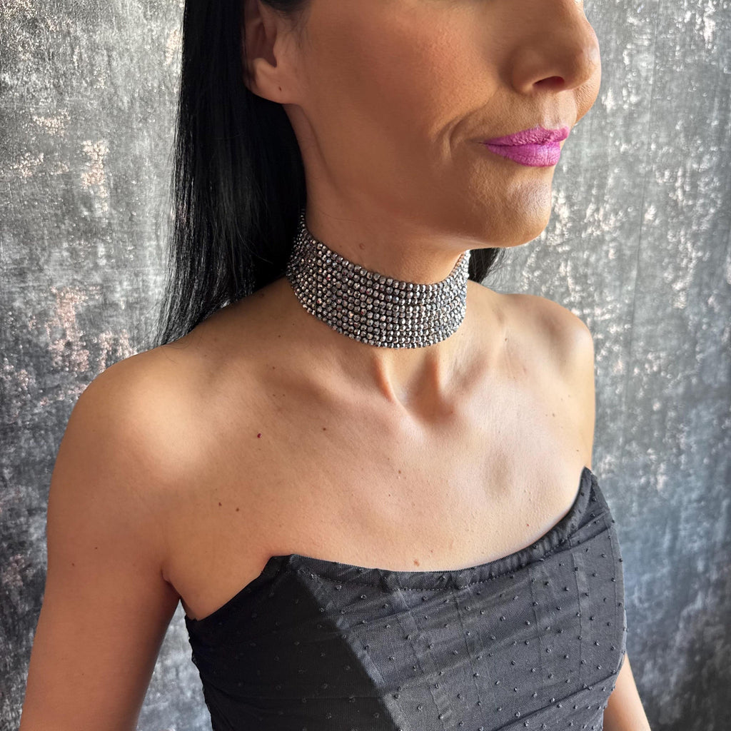 Statement Silver Choker Necklace Gift for Her Sparkly Jewelry Multi Strand Design Elegant Accessory Shiny Diamante Spark Evening Fancy Piece