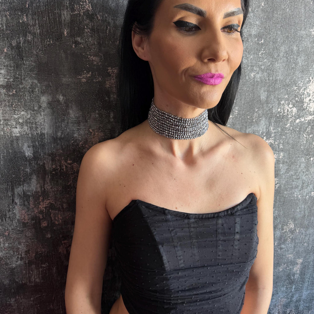 Statement Silver Choker Necklace Gift for Her Sparkly Jewelry Multi Strand Design Elegant Accessory Shiny Diamante Spark Evening Fancy Piece