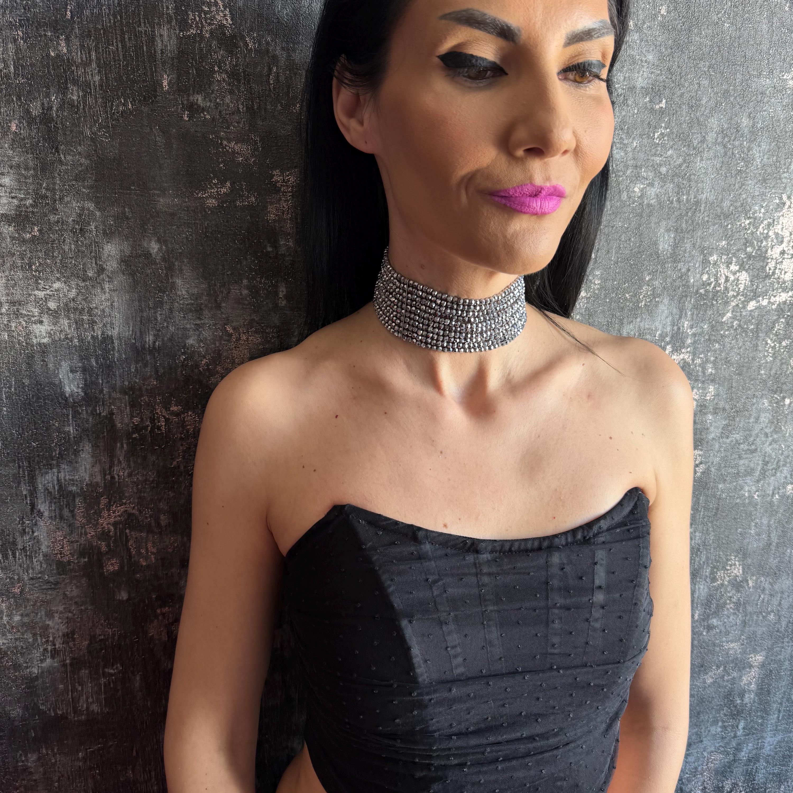 Statement Silver Choker Necklace Gift for Her Sparkly Jewelry Multi Strand Design Elegant Accessory Shiny Diamante Spark Evening Fancy Piece