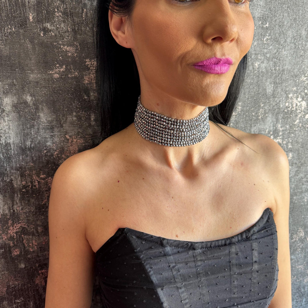 Statement Silver Choker Necklace Gift for Her Sparkly Jewelry Multi Strand Design Elegant Accessory Shiny Diamante Spark Evening Fancy Piece