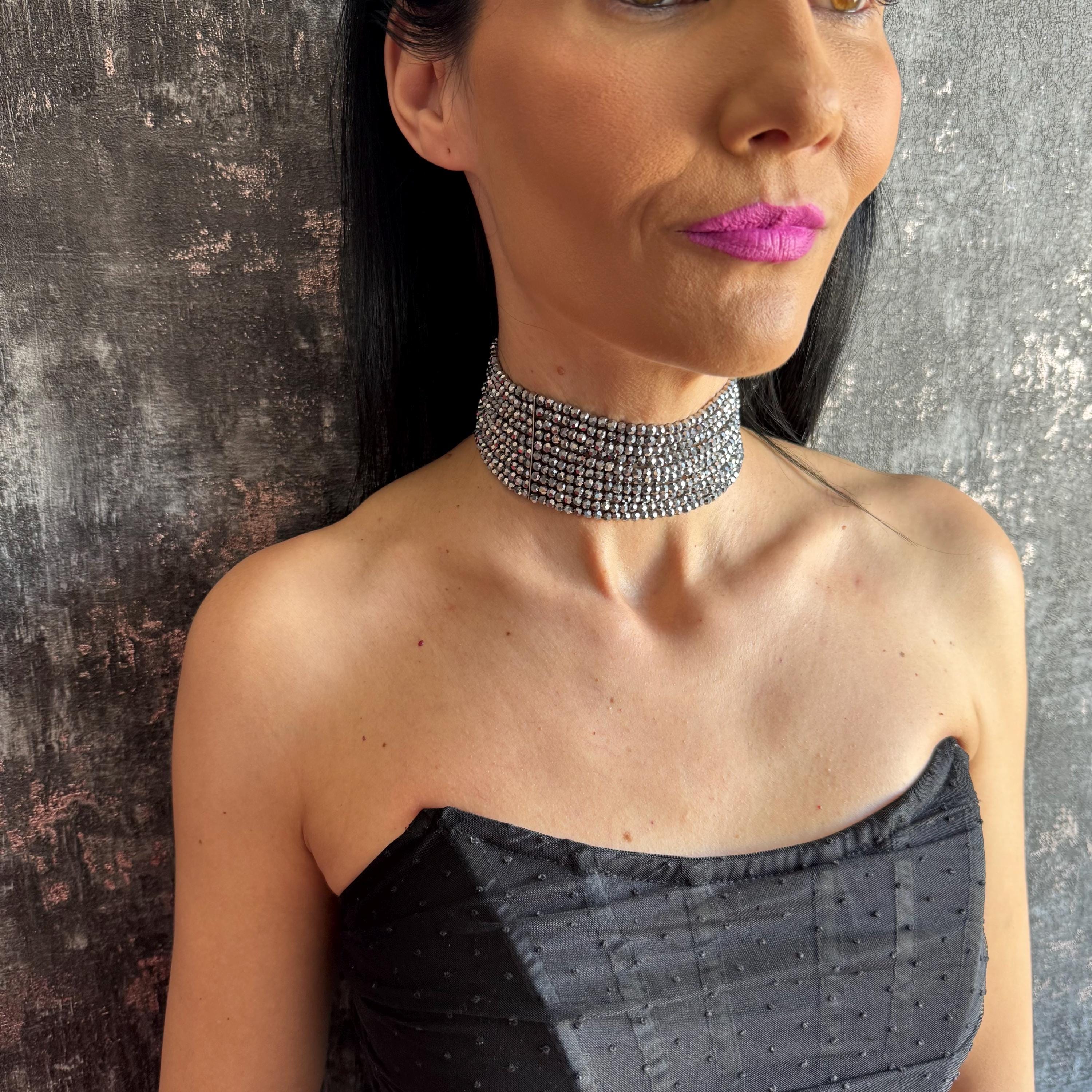 Statement Silver Choker Necklace Gift for Her Sparkly Jewelry Multi Strand Design Elegant Accessory Shiny Diamante Spark Evening Fancy Piece