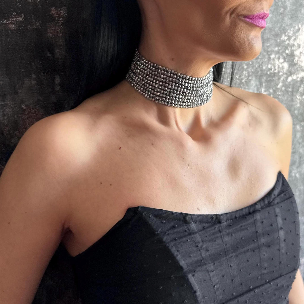 Statement Silver Choker Necklace Gift for Her Sparkly Jewelry Multi Strand Design Elegant Accessory Shiny Diamante Spark Evening Fancy Piece