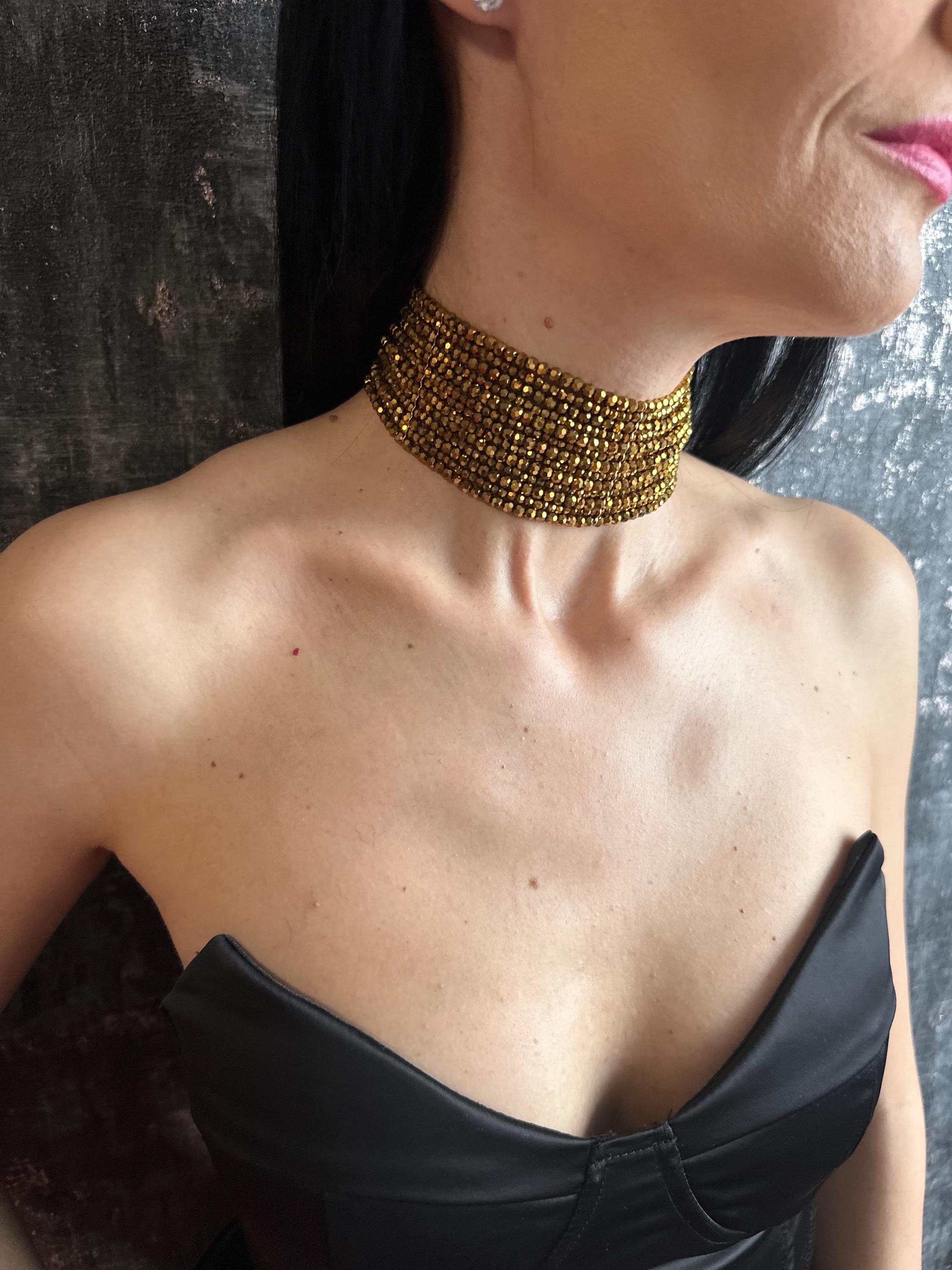Statement Gold Choker Necklace Retro Statement Piece Vintage Style Jewelry Gift Her Elegant Accessory Multi Strand Crystal Bead Collar