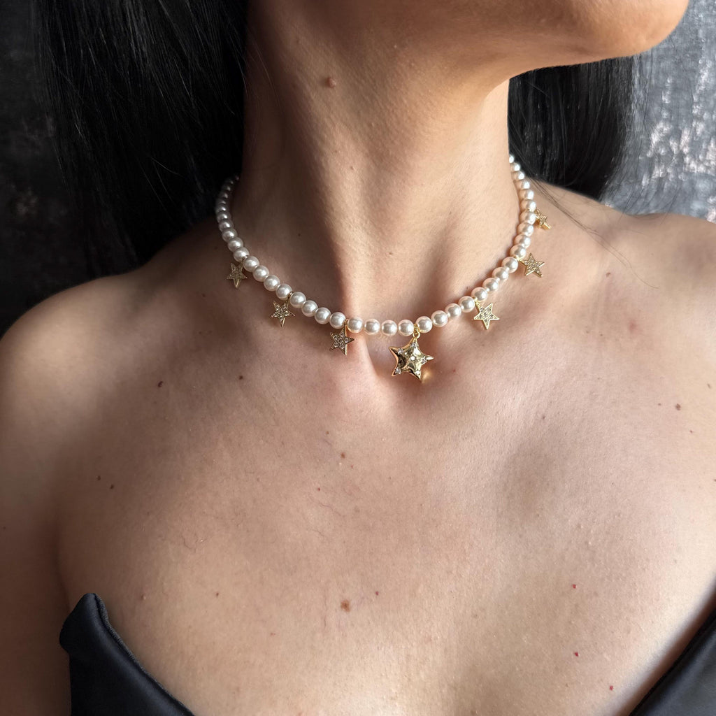 Celestial Star Necklace Swarovski  Pearl Choker Design Handmade Gold Jewelry Austrian Crystal Elements Elegant Fashion Statement Trendy Celestial Theme Adjustable Length Options Wedding Accessory Special Occasion Piece High Quality Construction Dainty