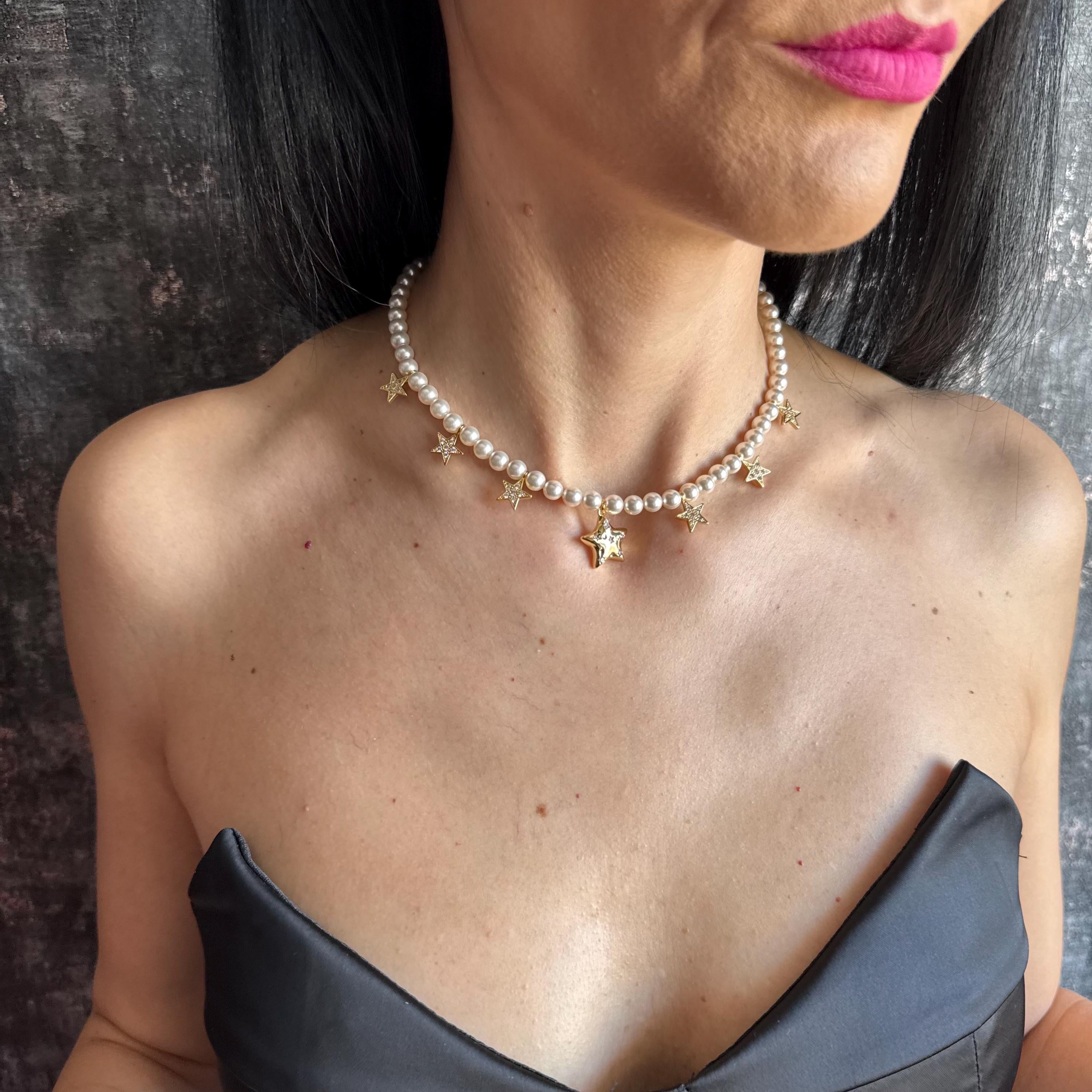Swarovski Pearl Star Choker Necklace Bridal Accessory Wedding Day Jewelry Handmade Gold Design Austrian Crystal Pearls Elegant Statement Piece Dainty Celestial Collection Perfect Special Occasion Wear Adjustable Length Options Gold Plated Finish