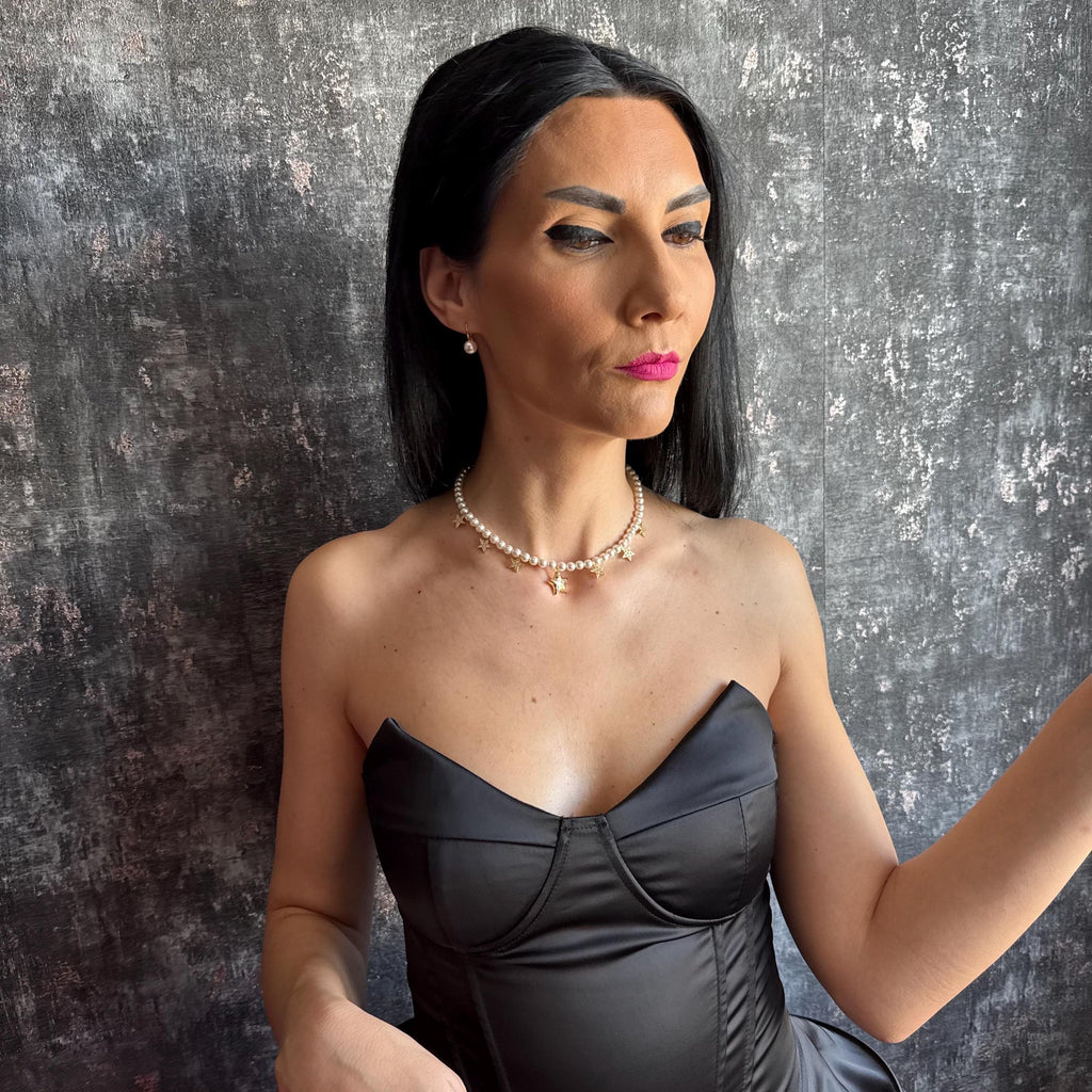 Fashion Statement Necklace Pearl Star Choker Trendy Celestial Design Handmade Gold Jewelry Premium Quality Construction Elegant Style Accessory Austrian Crystal Pearls Dainty Gold Stars Perfect Everyday Wear Special Occasion Piece