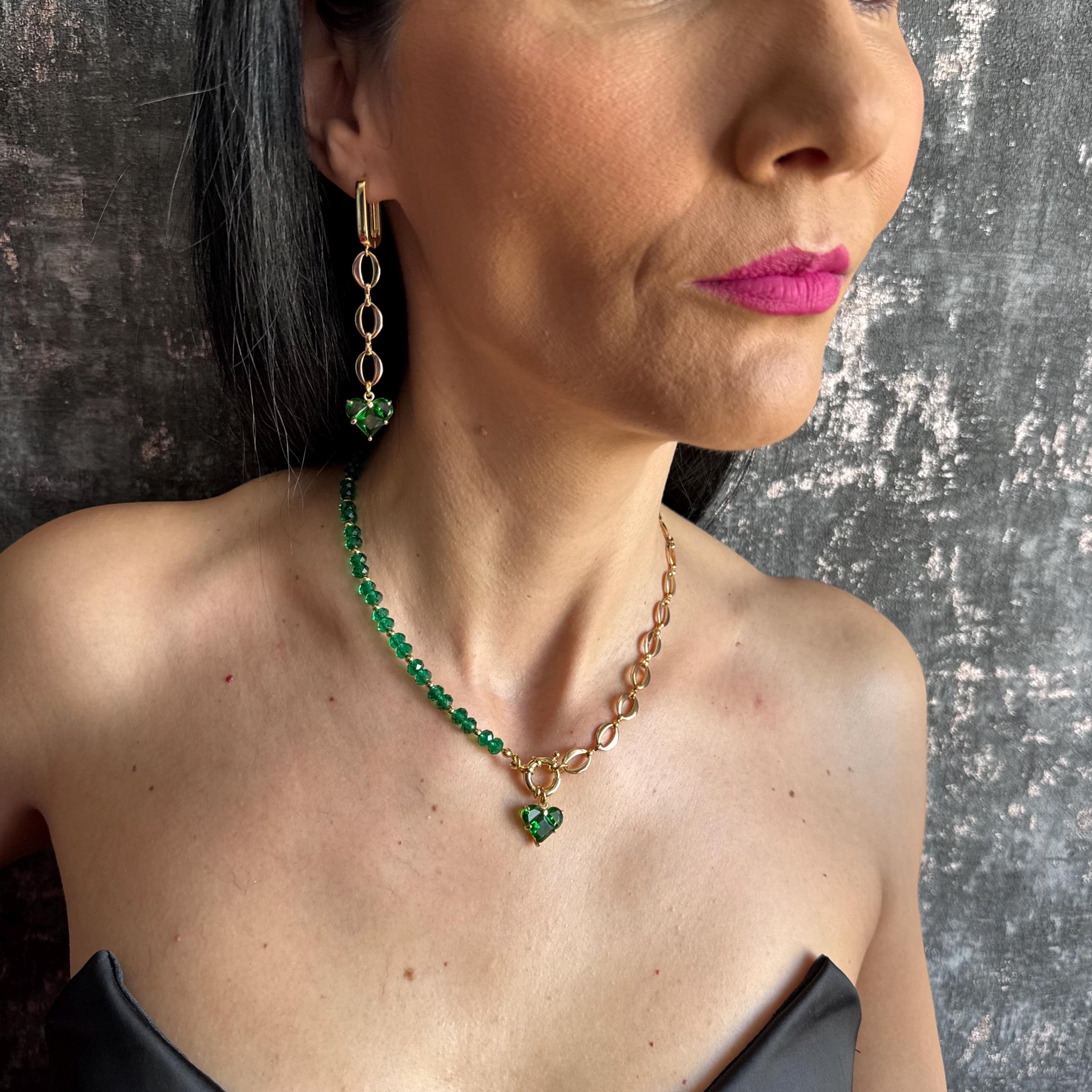 Emerald Green Choker Necklace Gold Heart Charm and Chain Green Crystal Jewelry Gift in Box