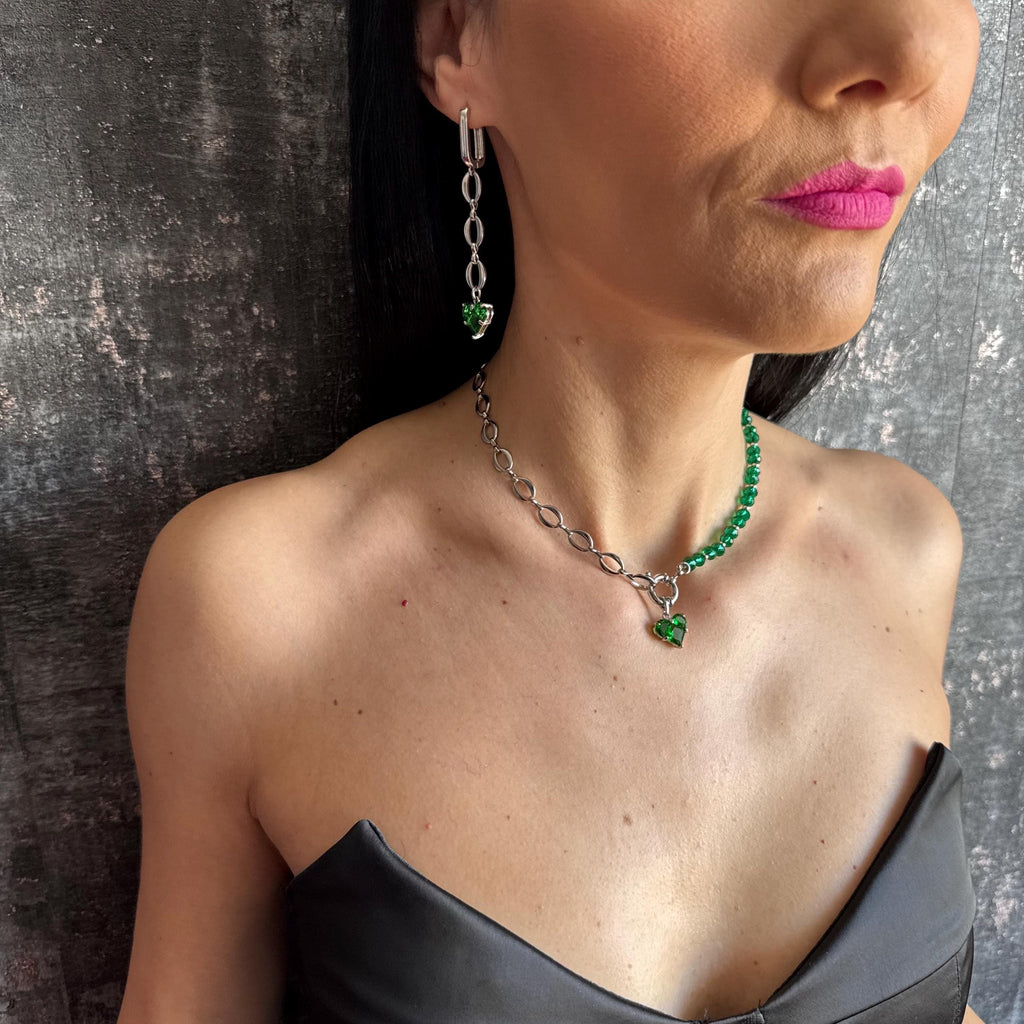 Emerald Green Necklace and Earrings Set Gold Heart Jewelry Set Green Crystal Beaded Choker