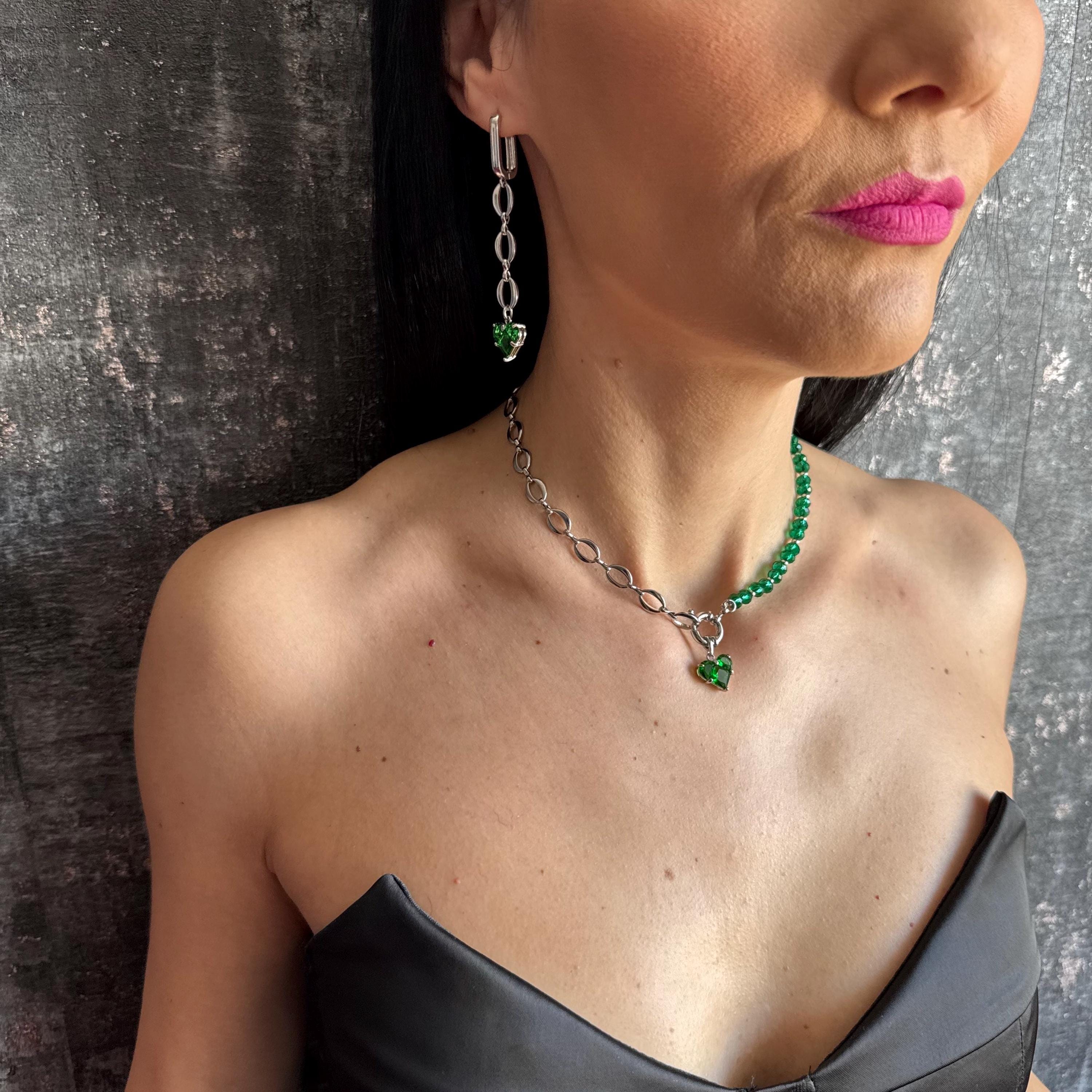 Emerald Green Necklace and Earrings Set Gold Heart Jewelry Set Green Crystal Beaded Choker
